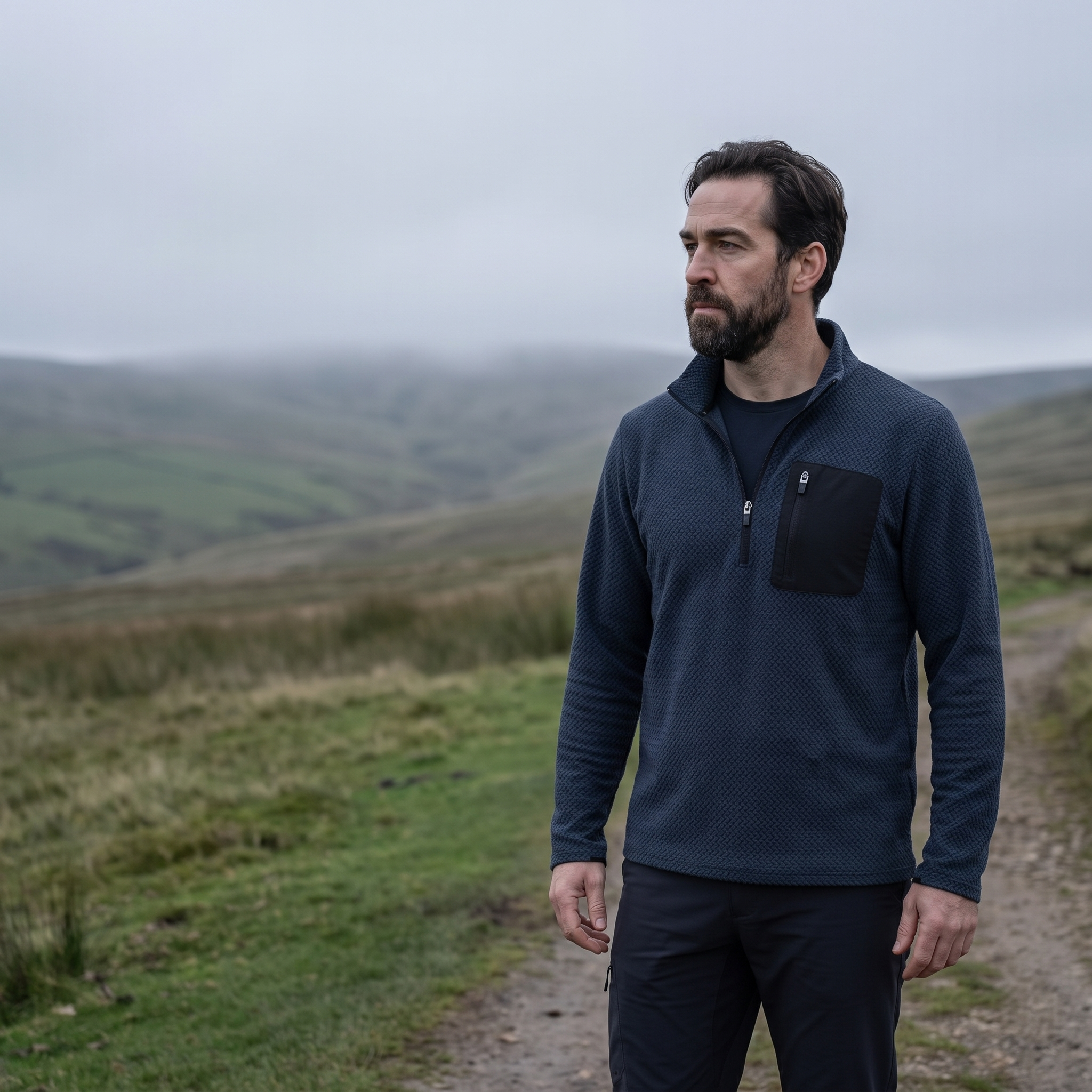 Man wearing the quarter zip fleece on an overcast moorland path