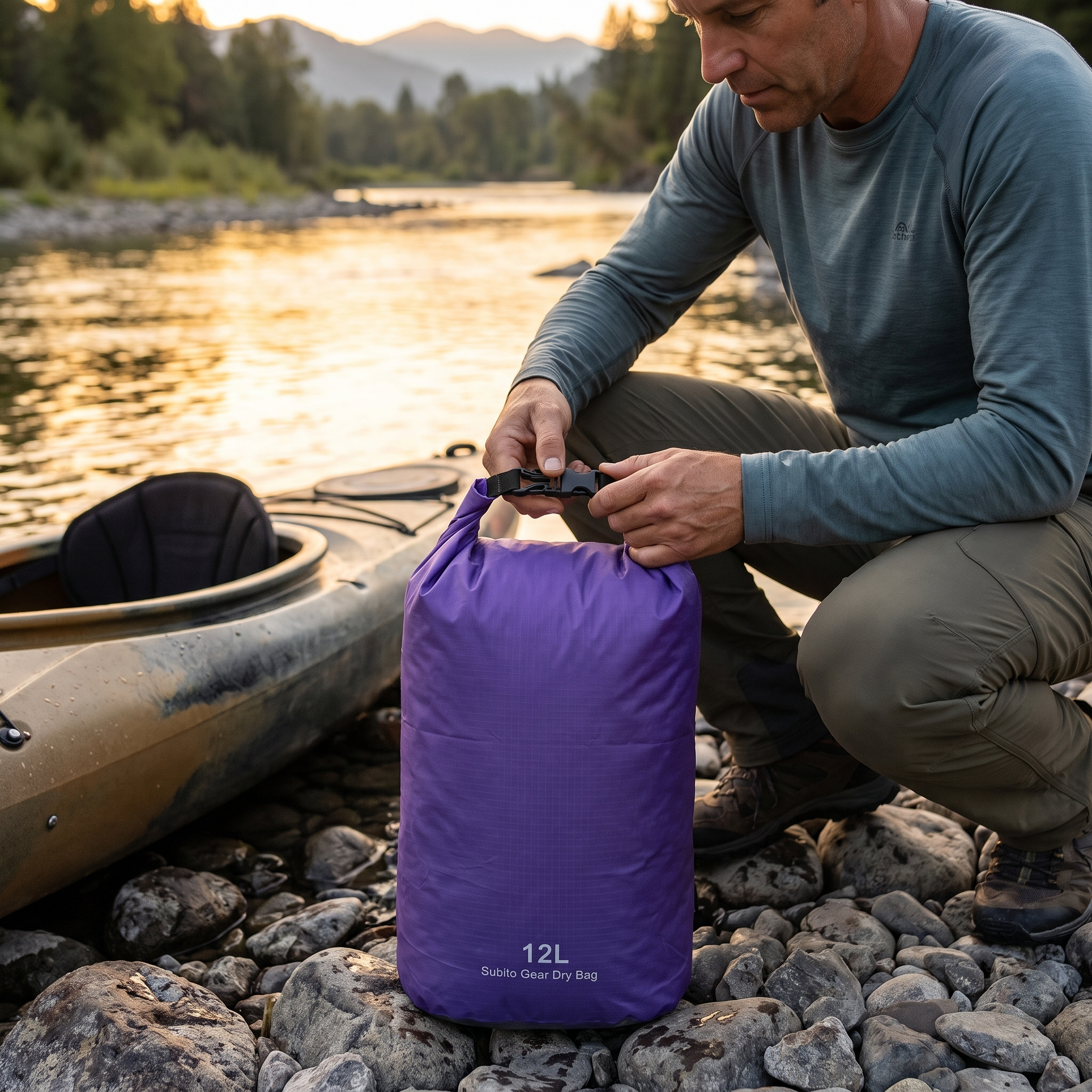 Paddler sealing a dry bag beside a kayak