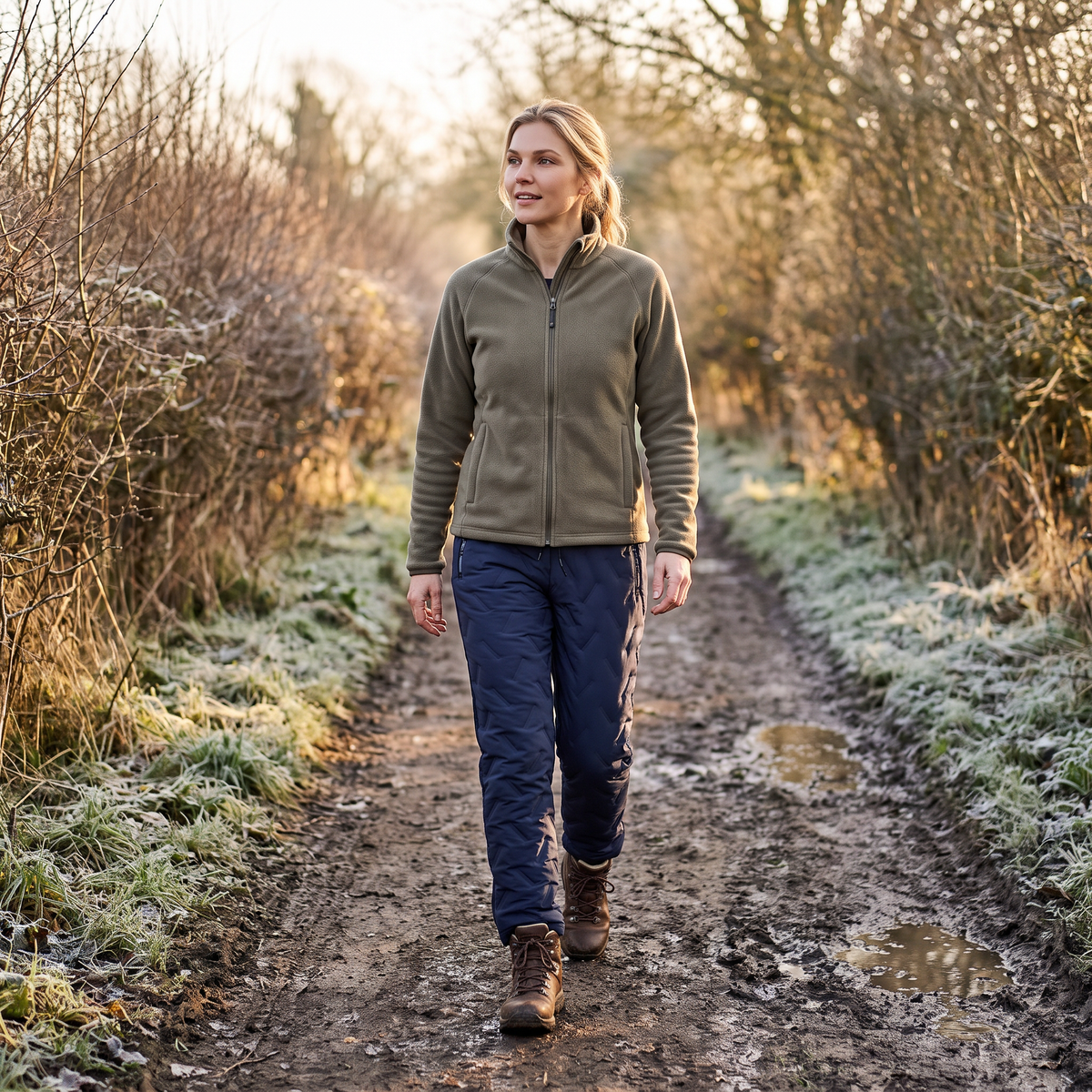 Fleece-lined hiking trousers worn on a winter trail walk