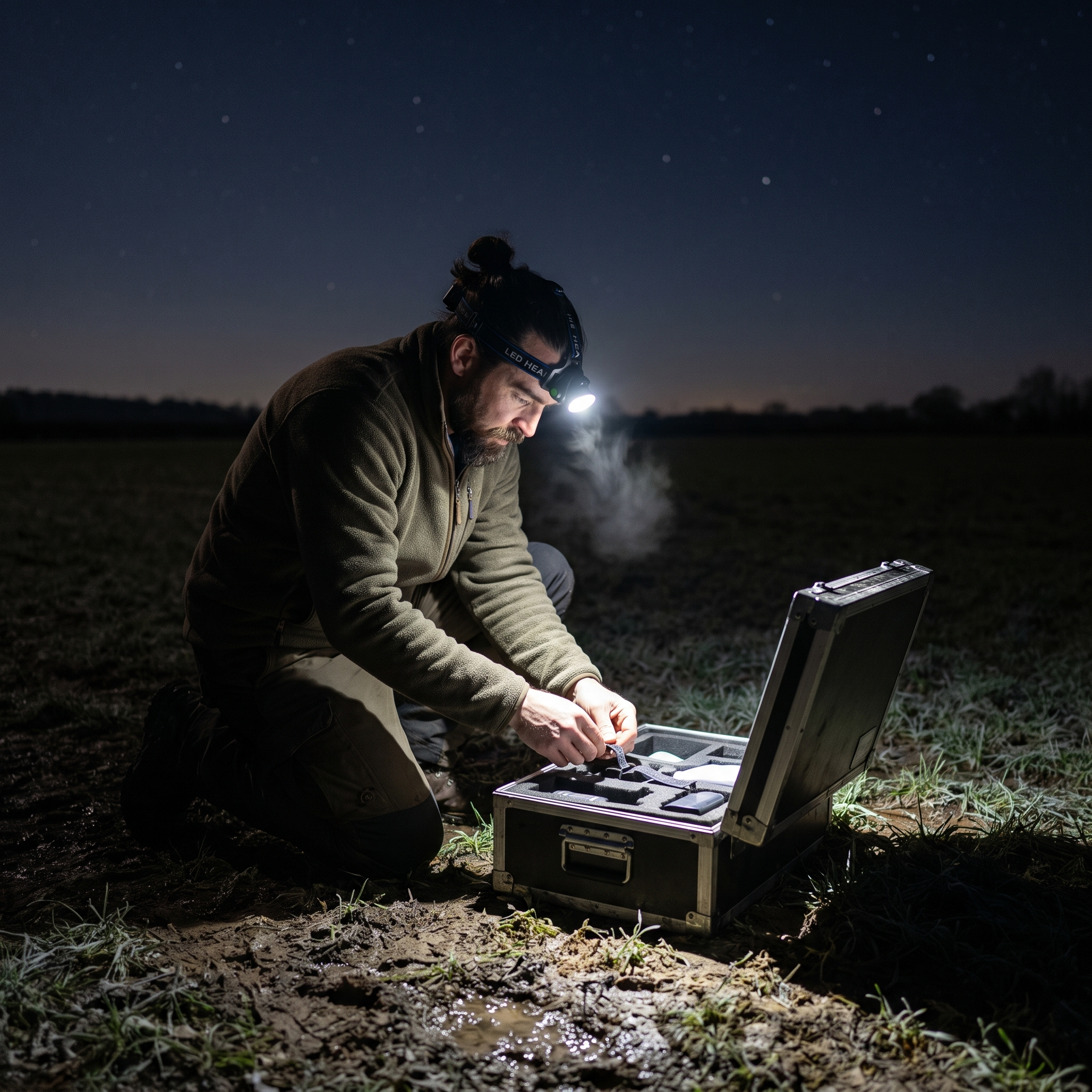Man kneeling at an open case on a frosty field at night wearing the head torch