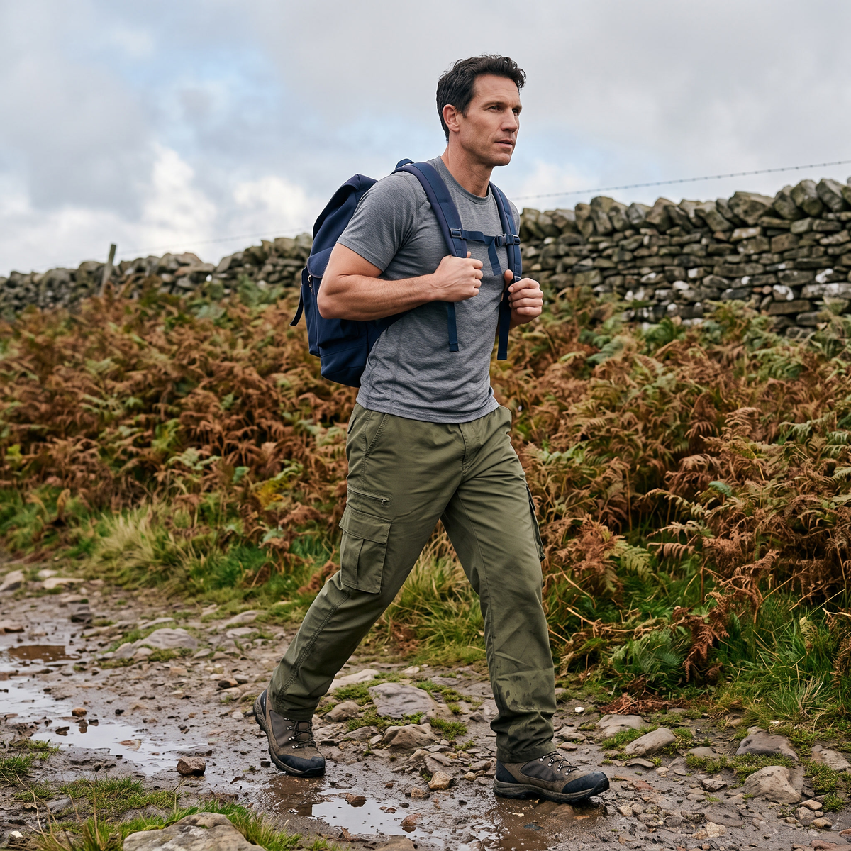 Man walking a wet upland path in the olive cargo walking trousers