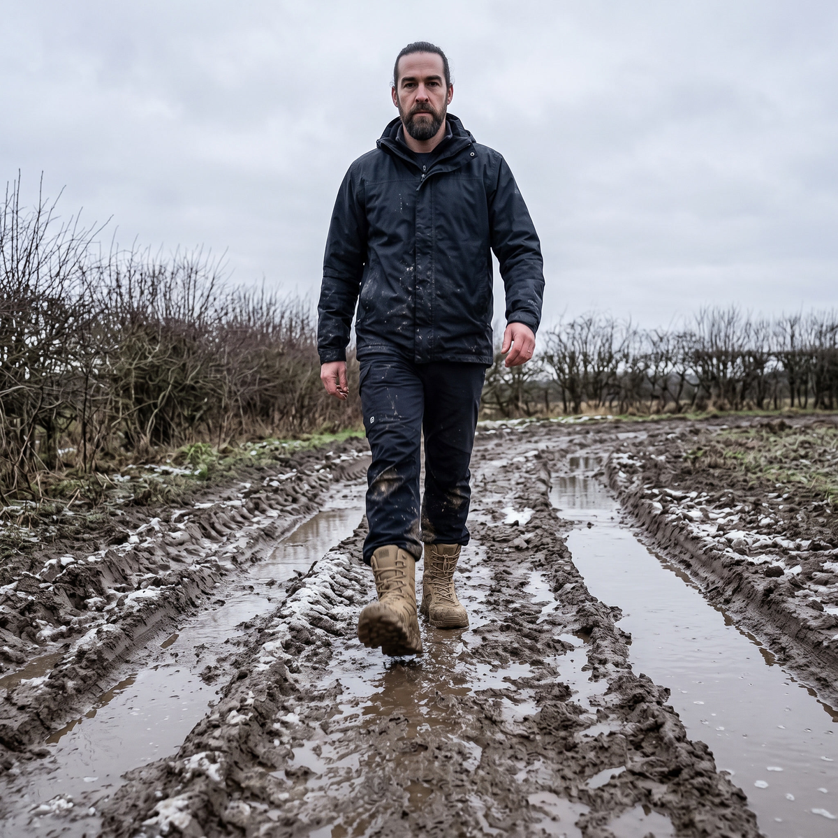 Man walking across a rutted muddy field in Britain wearing the boots