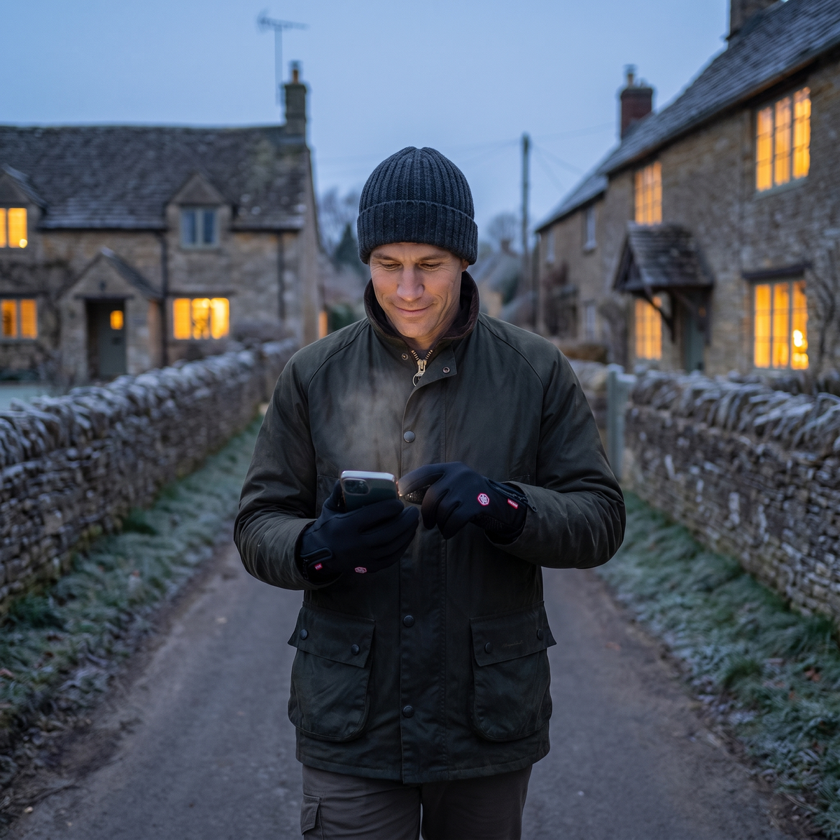 Man checking his phone with gloves on in an English village lane at dusk
