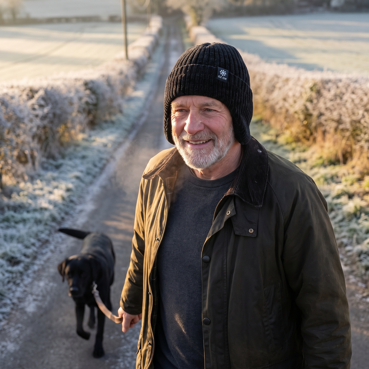 Man walking his dog on a frosty country lane in Britain wearing the black winter hat with ear flaps