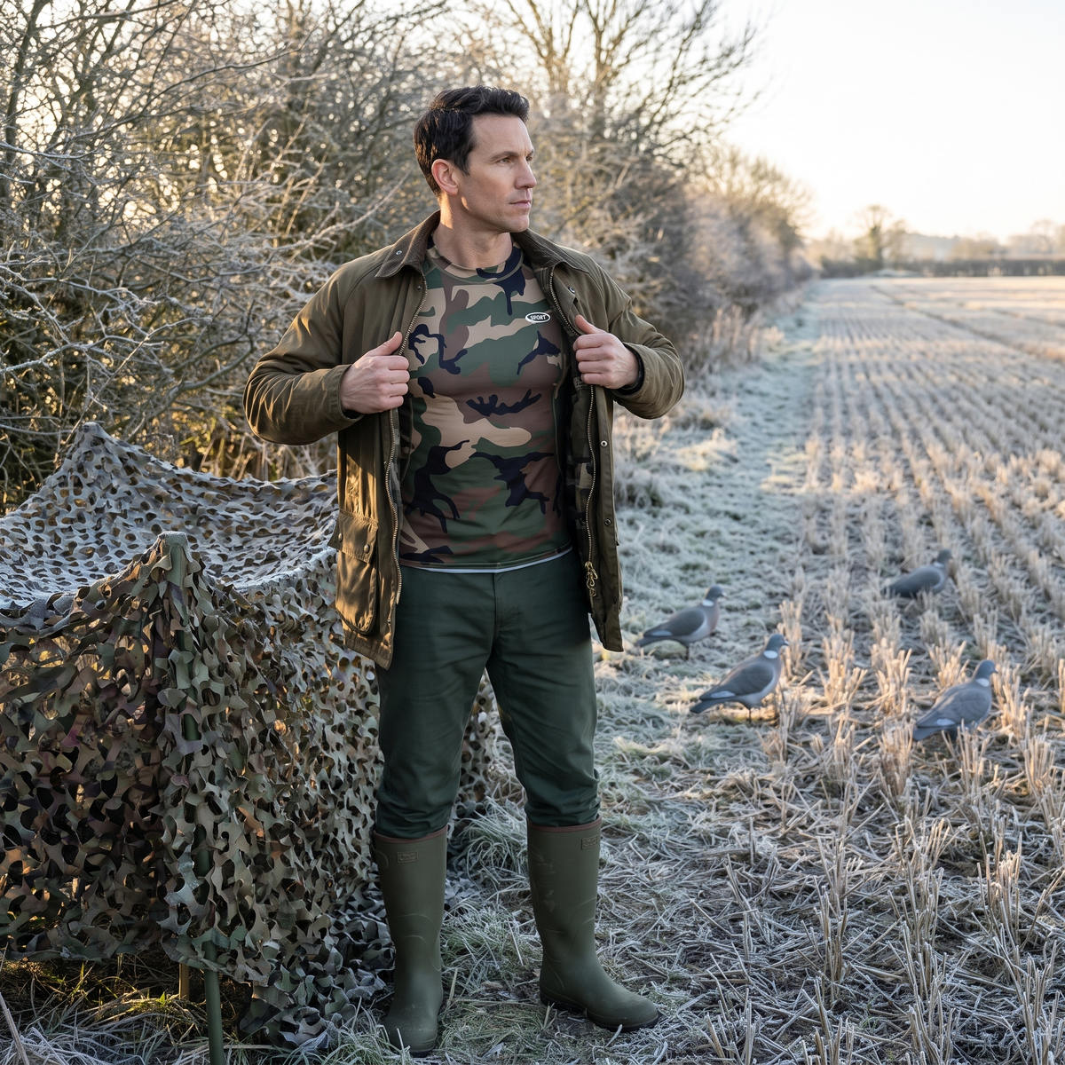 Man shrugging a waxed jacket on over the camo base layer top beside a netting hide on a frosty stubble field in Britain