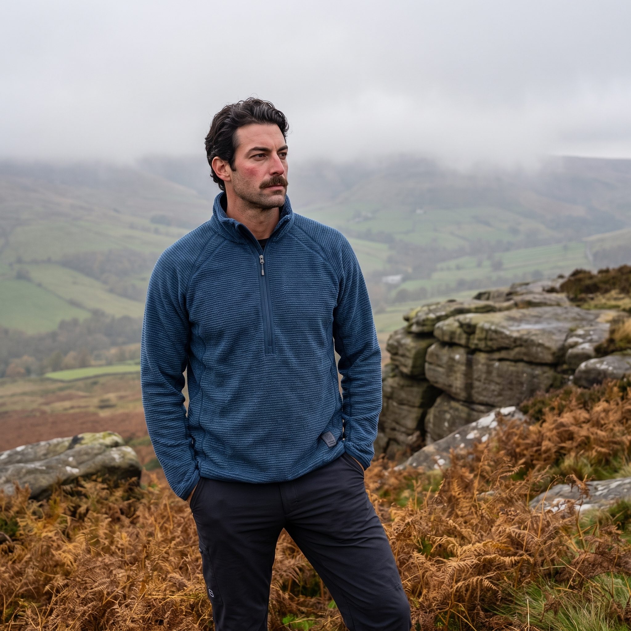 Wearing the half zip fleece stopped at the top of a climb in Britain