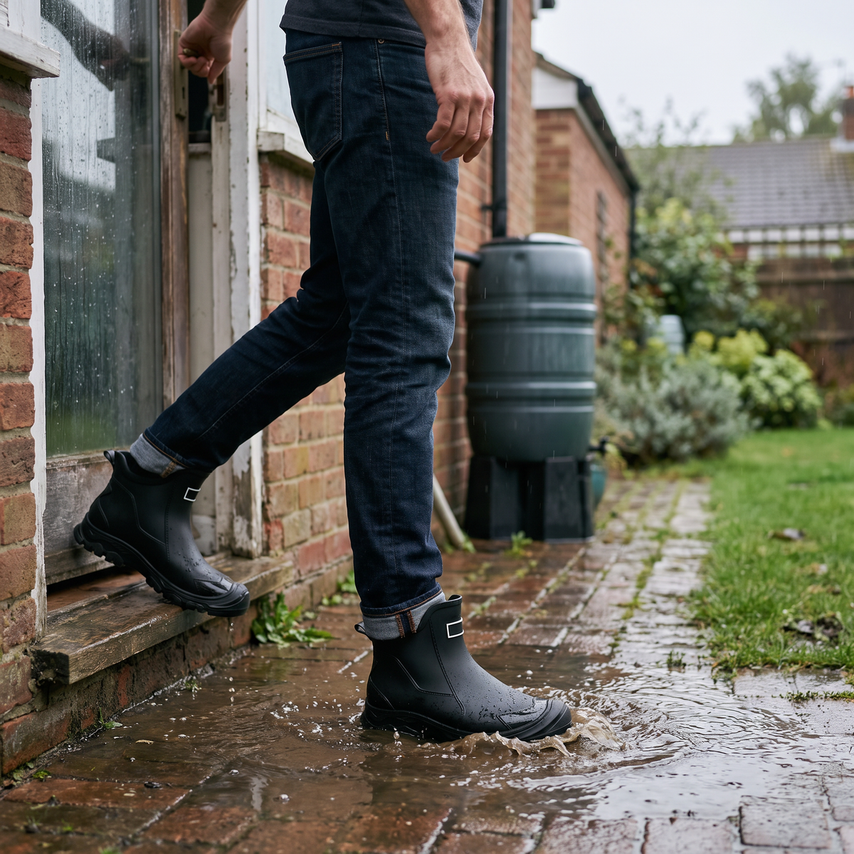 Stepping straight out of a back door onto a wet garden path in the wellies