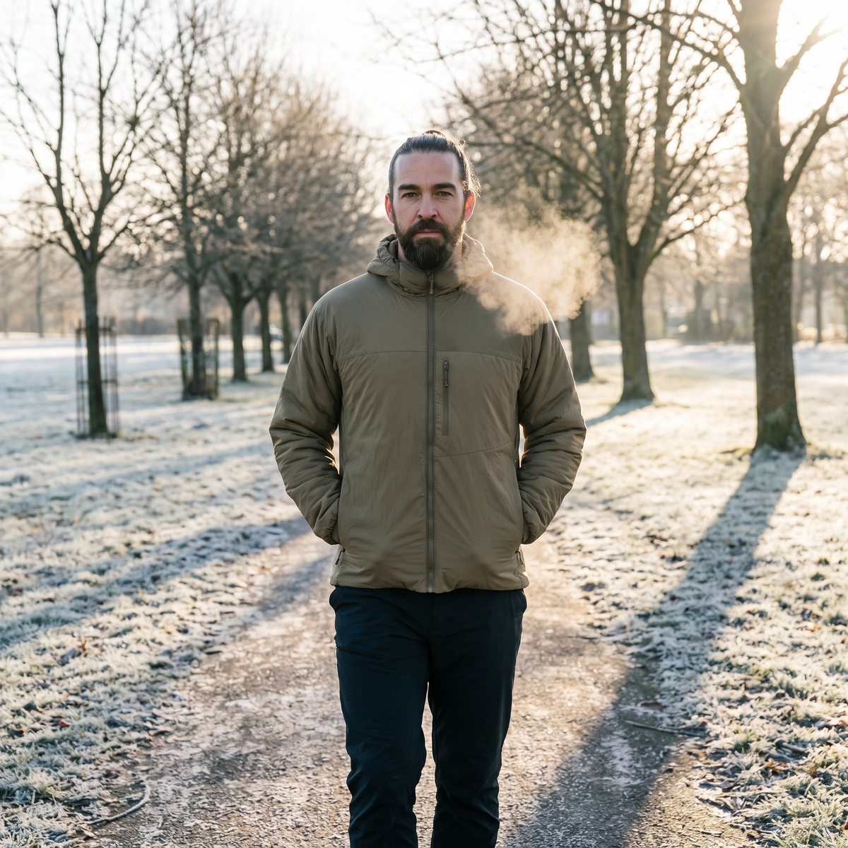 Man walking in an English park on a frosty morning in the jacket