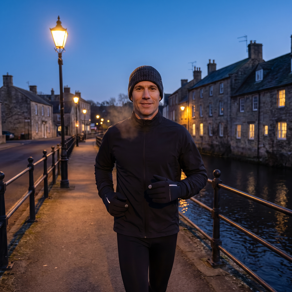 Man running on a riverside path in a British town at dusk wearing the gloves