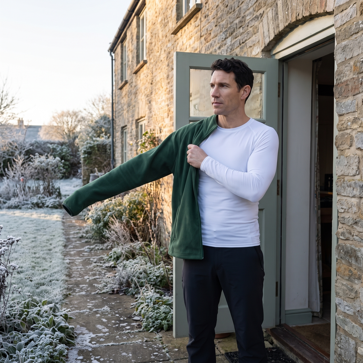 Man pulling a fleece on over the white base layer top at a cottage back door on a frosty morning in Britain