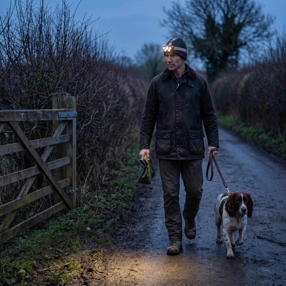 Man walking a spaniel on a country lane in England at dusk with the head torch lit and both hands full