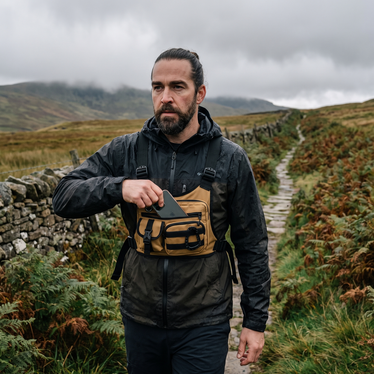 Man taking his phone from the chest bag without stopping on a fell path