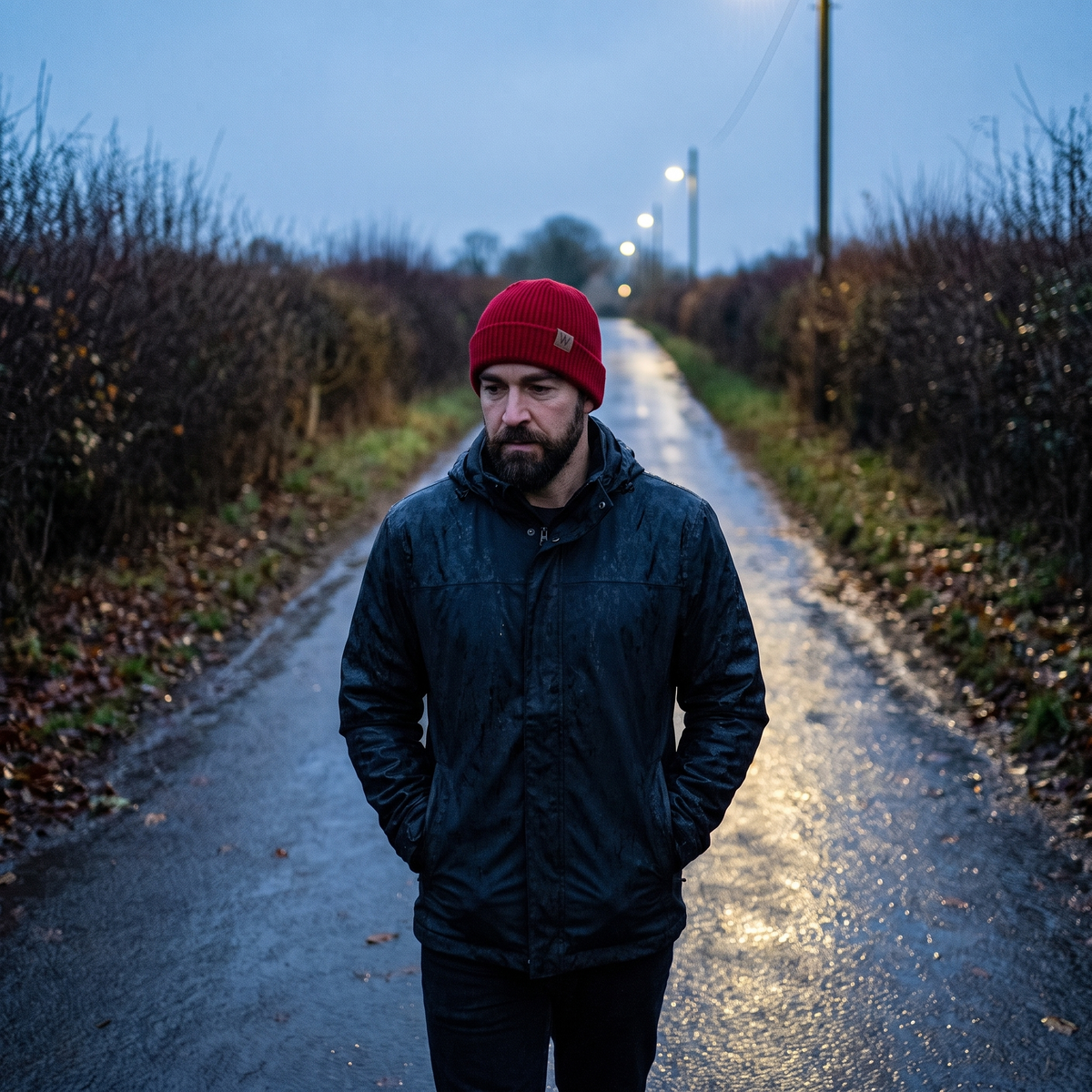 Man wearing the beanie on a wet country lane at dusk