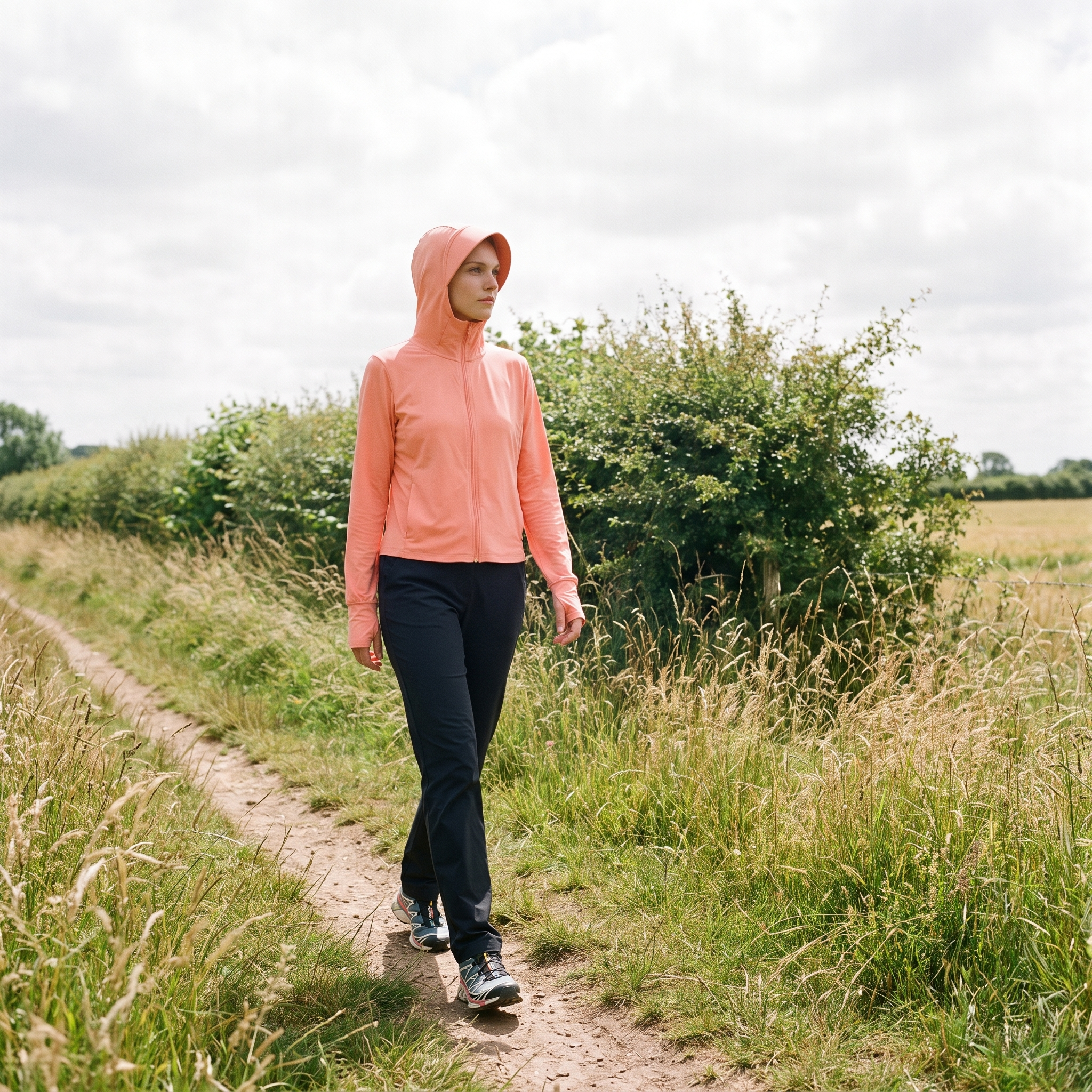 Woman walking a hedged field path in Britain wearing the coral sun hoodie with the hood up