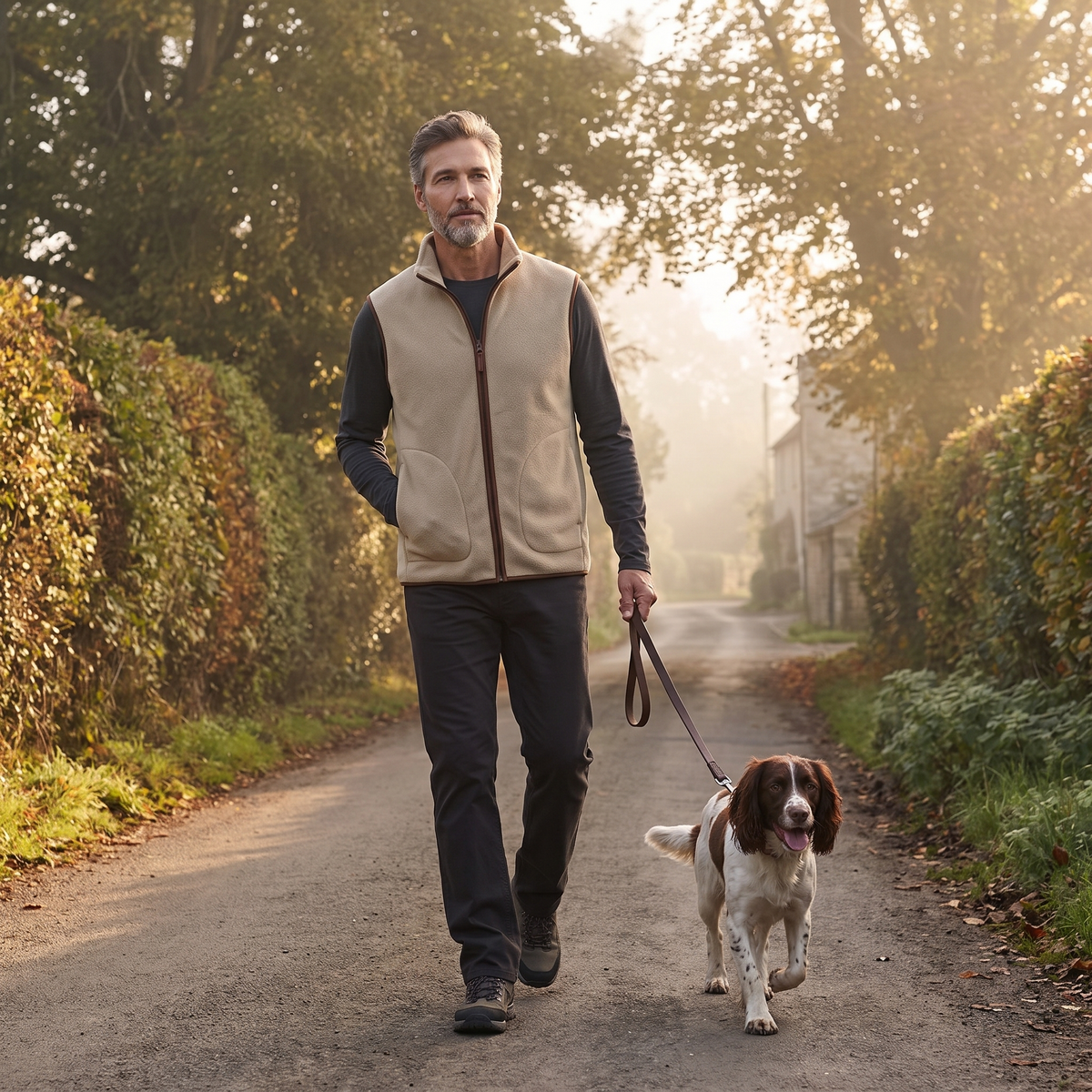 Man walking a spaniel on a country lane wearing the khaki fleece vest