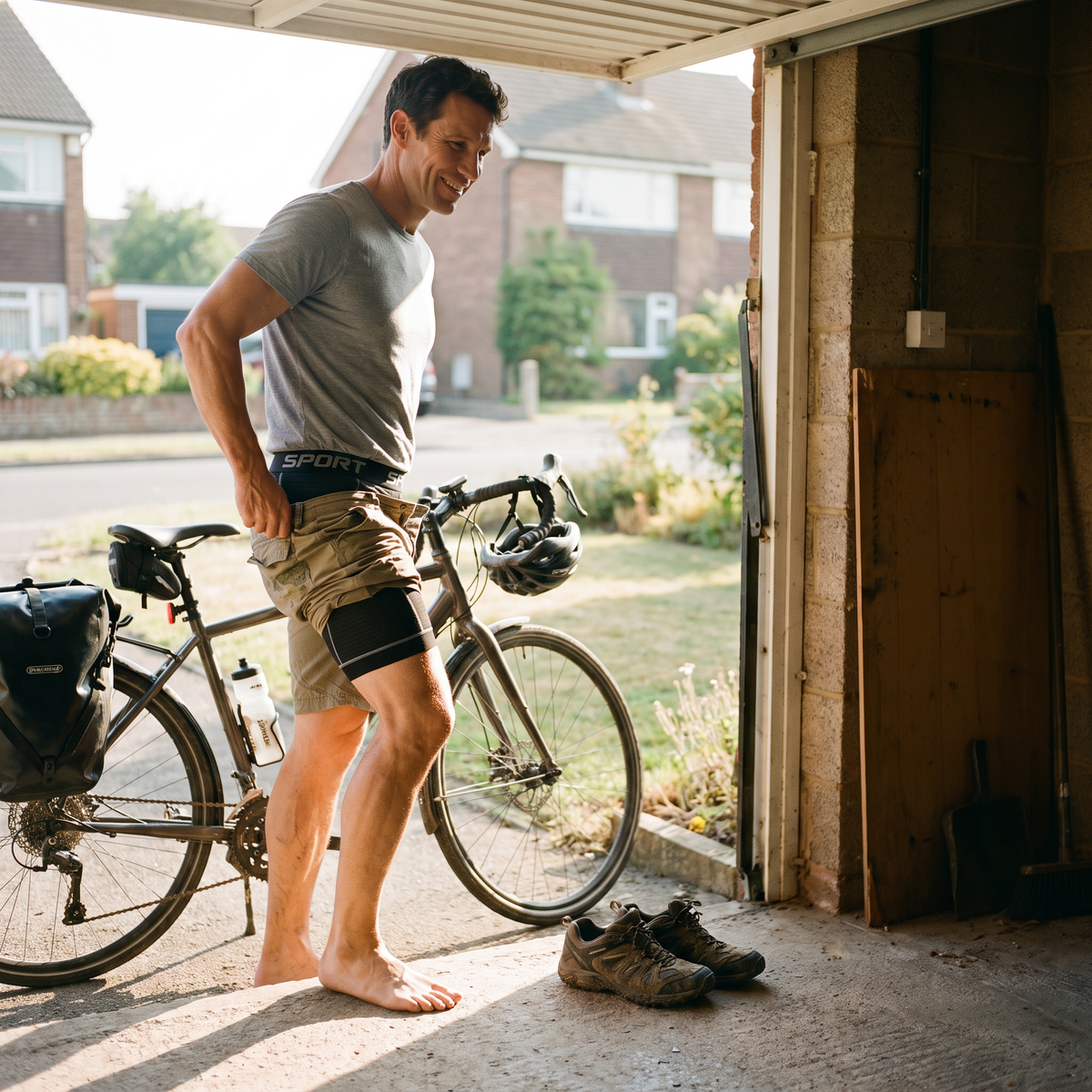 Man pulling his own walking shorts on over the padded cycling liner before a ride, touring bike at the garage door