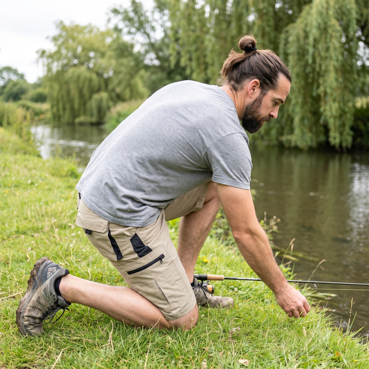 Man kneeling on a riverbank in Britain wearing the Khaki cargo shorts
