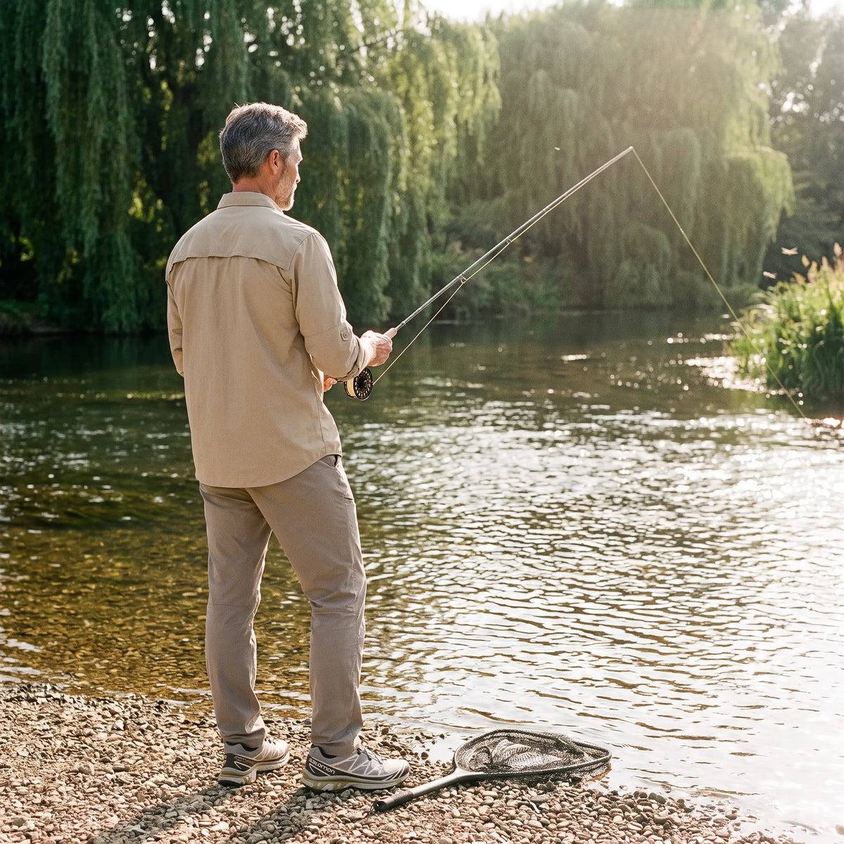 Angler on a sunny riverbank wearing the men's fishing shirt in Khaki, seen from behind
