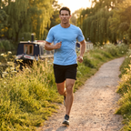 Man running along a riverside towpath on a summer evening in the men's running top