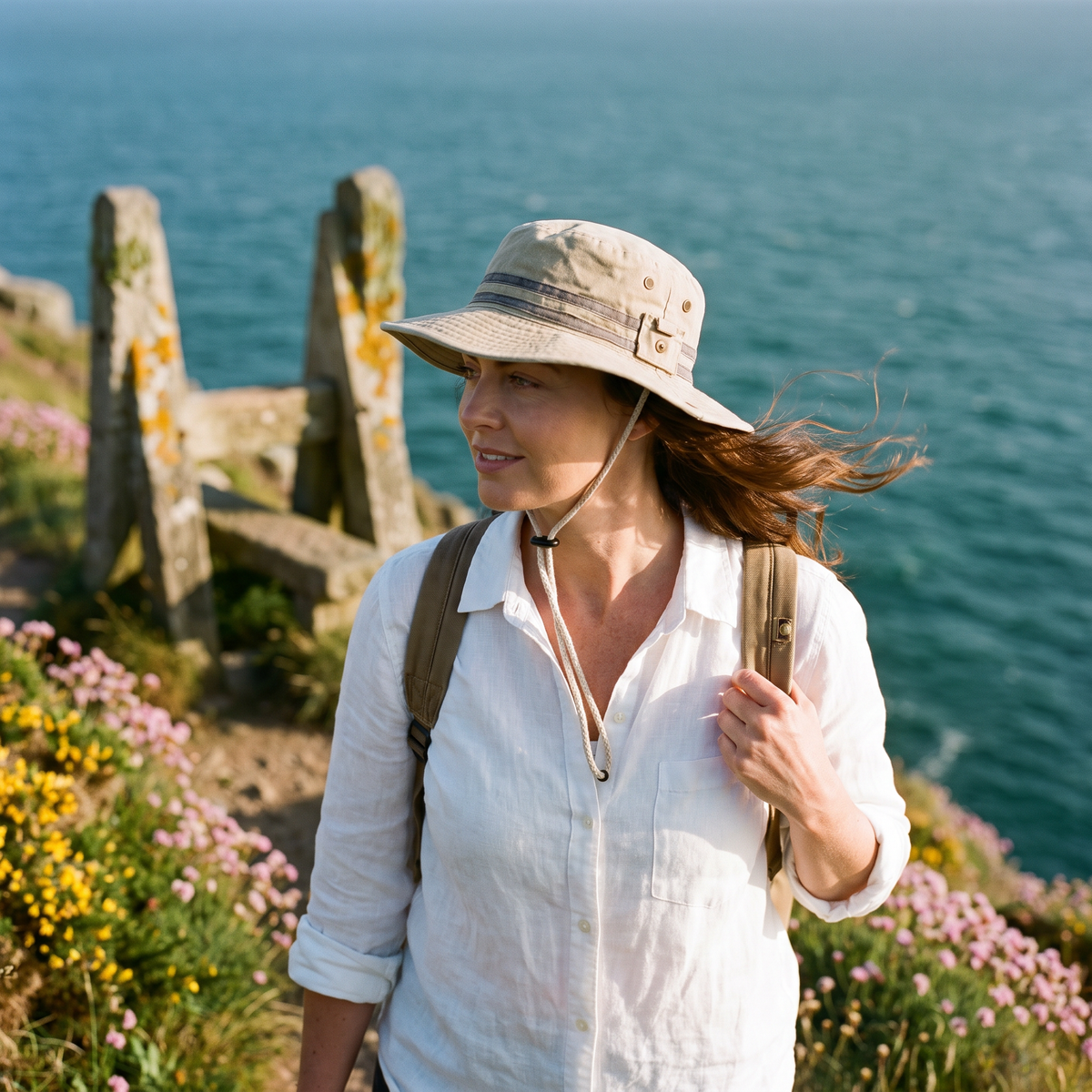Woman in the Khaki sun hat walking a Cornish clifftop path in the breeze