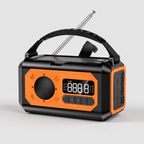 Emergency radio with 12000mAh power bank in orange, front view with handle, antenna and hand crank