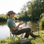 Angler on a summer riverbank wearing the Khaki wide brim sun hat