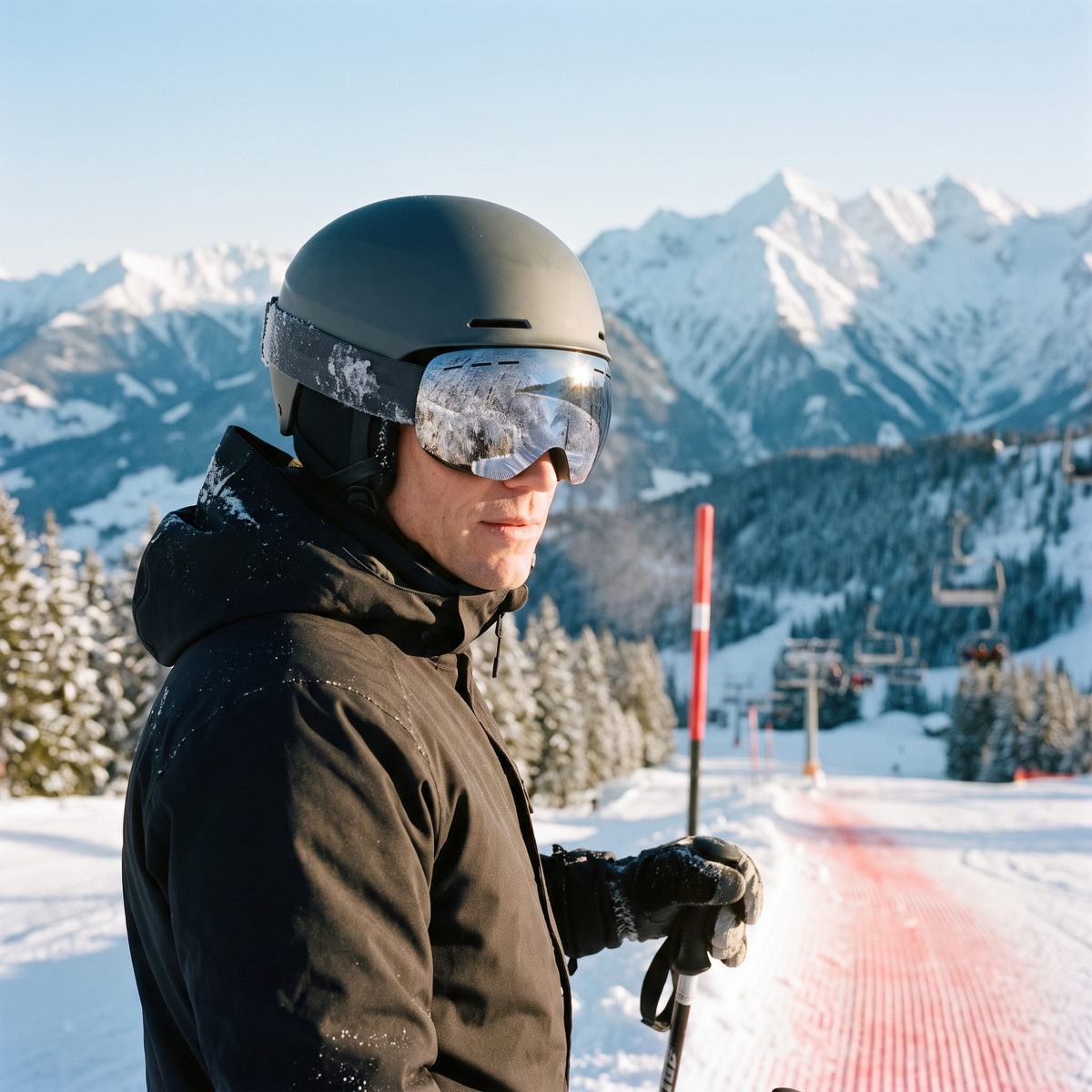 Skier in a helmet wearing the mirrored ski goggles at the top of a run in the Alps