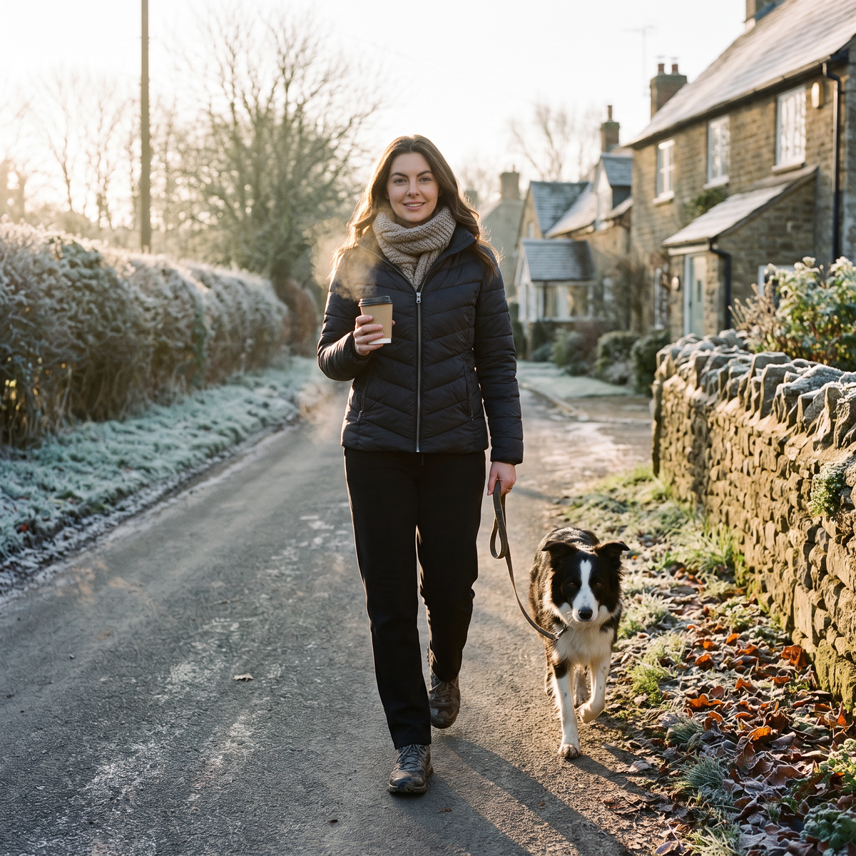 Woman walking her dog on a frosty village lane in black fleece lined joggers