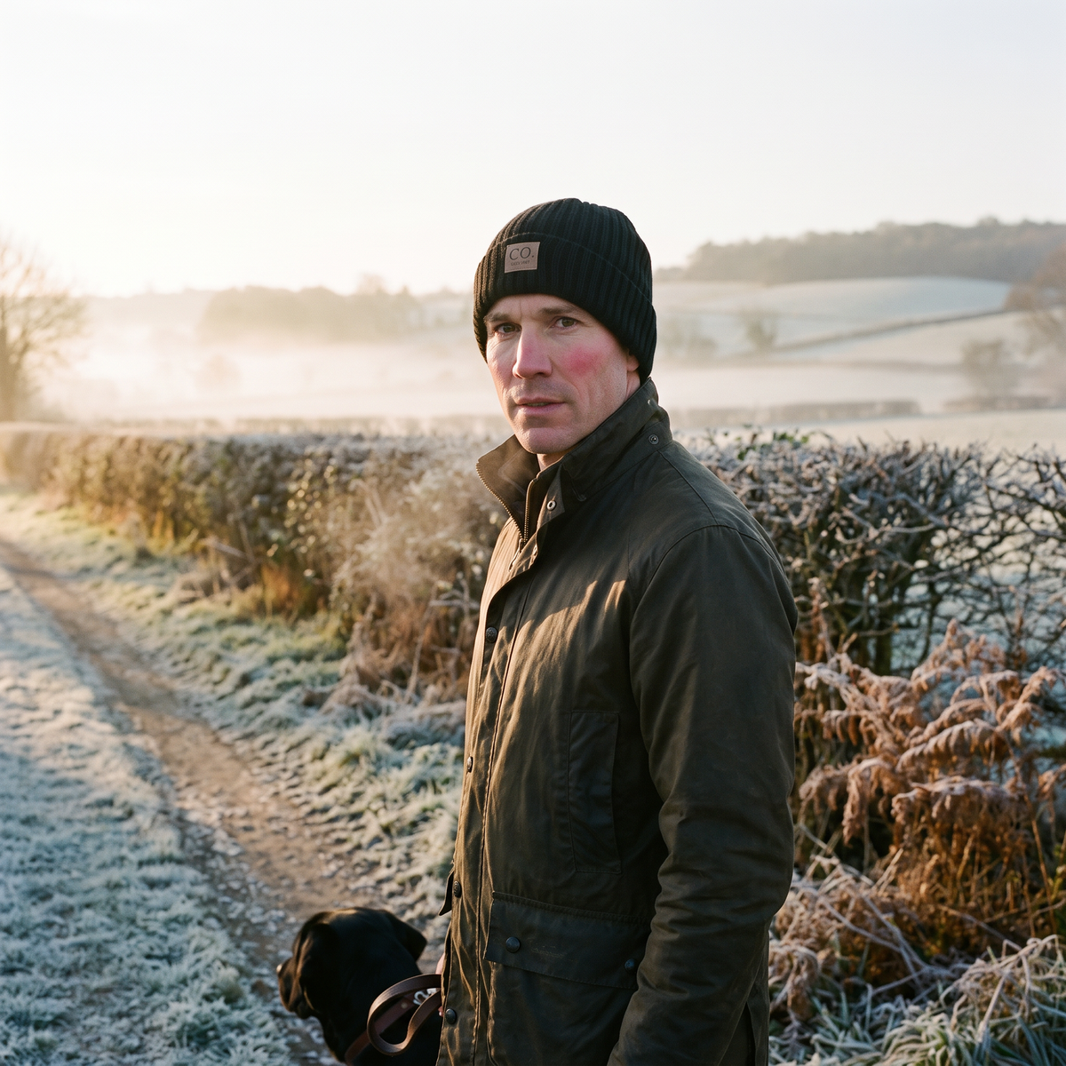 Man wearing the black fleece lined beanie on a frosty morning dog walk