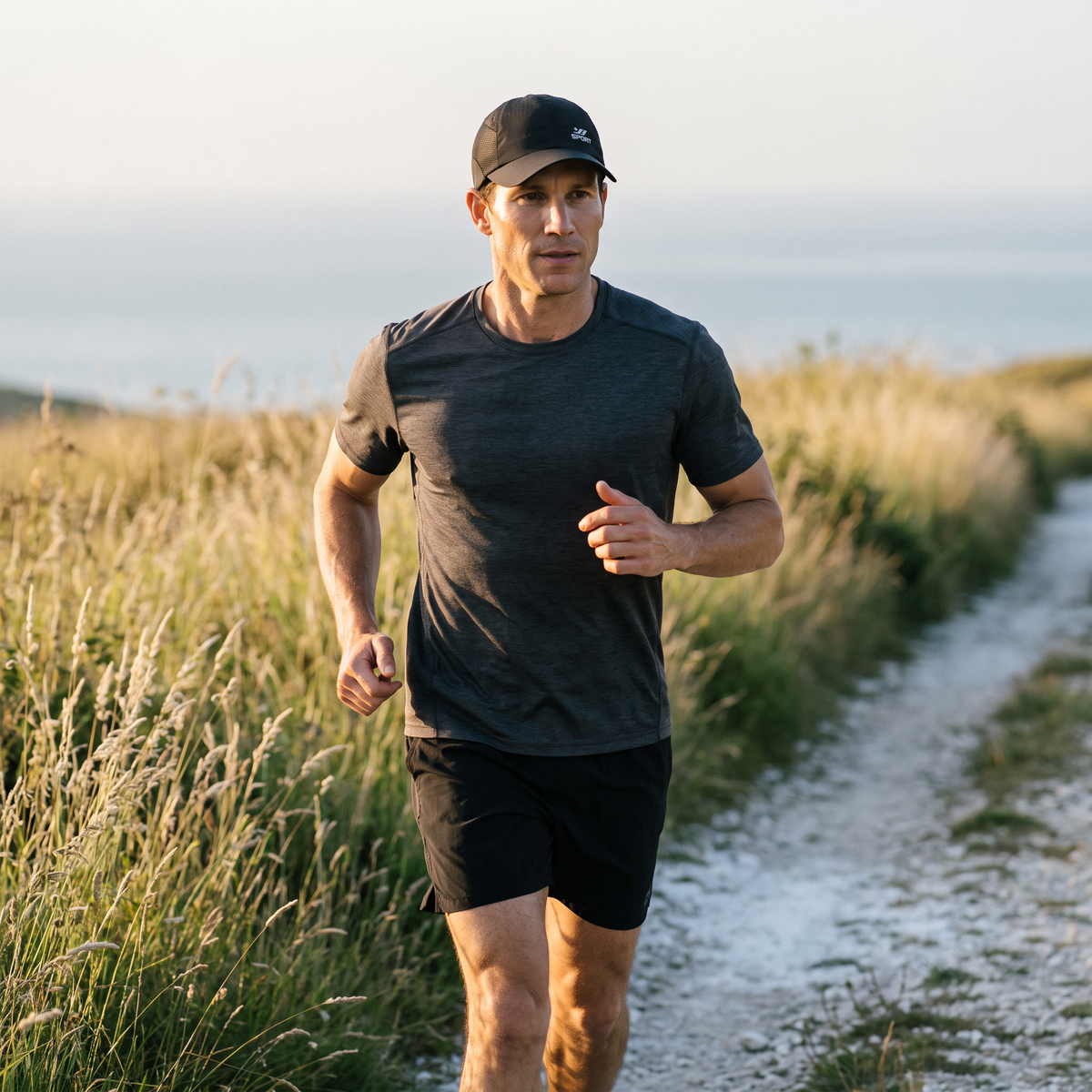 Man running on a chalk downland path in the black mesh running cap