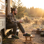 Person wearing Terrabound Camp Slippers relaxing outside a camper van