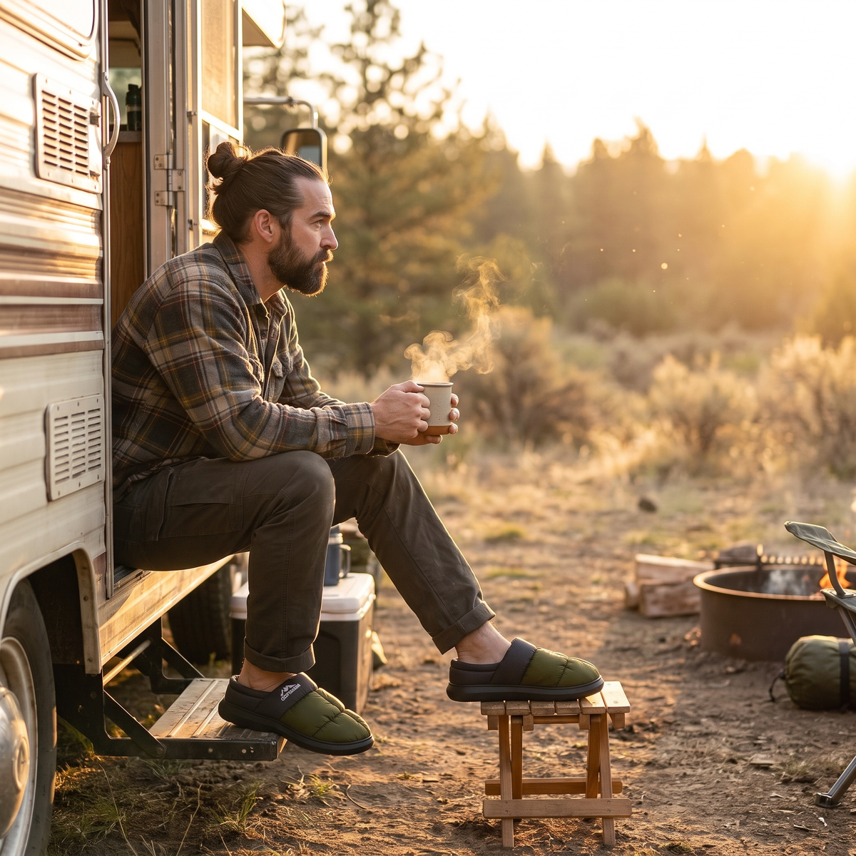 Person wearing Terrabound Camp Slippers relaxing outside a camper van