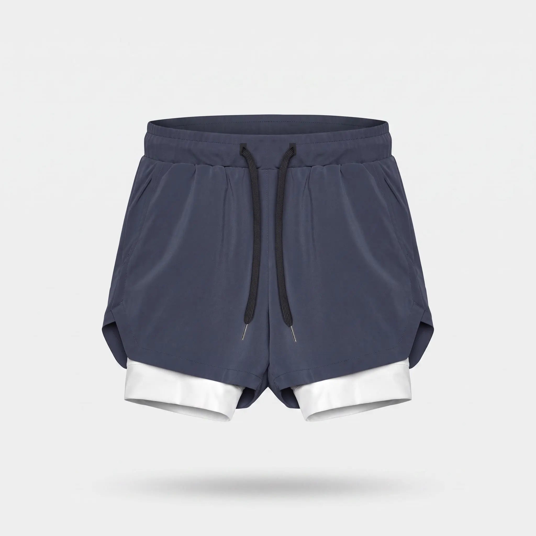 Men's 2 in 1 running shorts in Navy with a white compression liner, front view