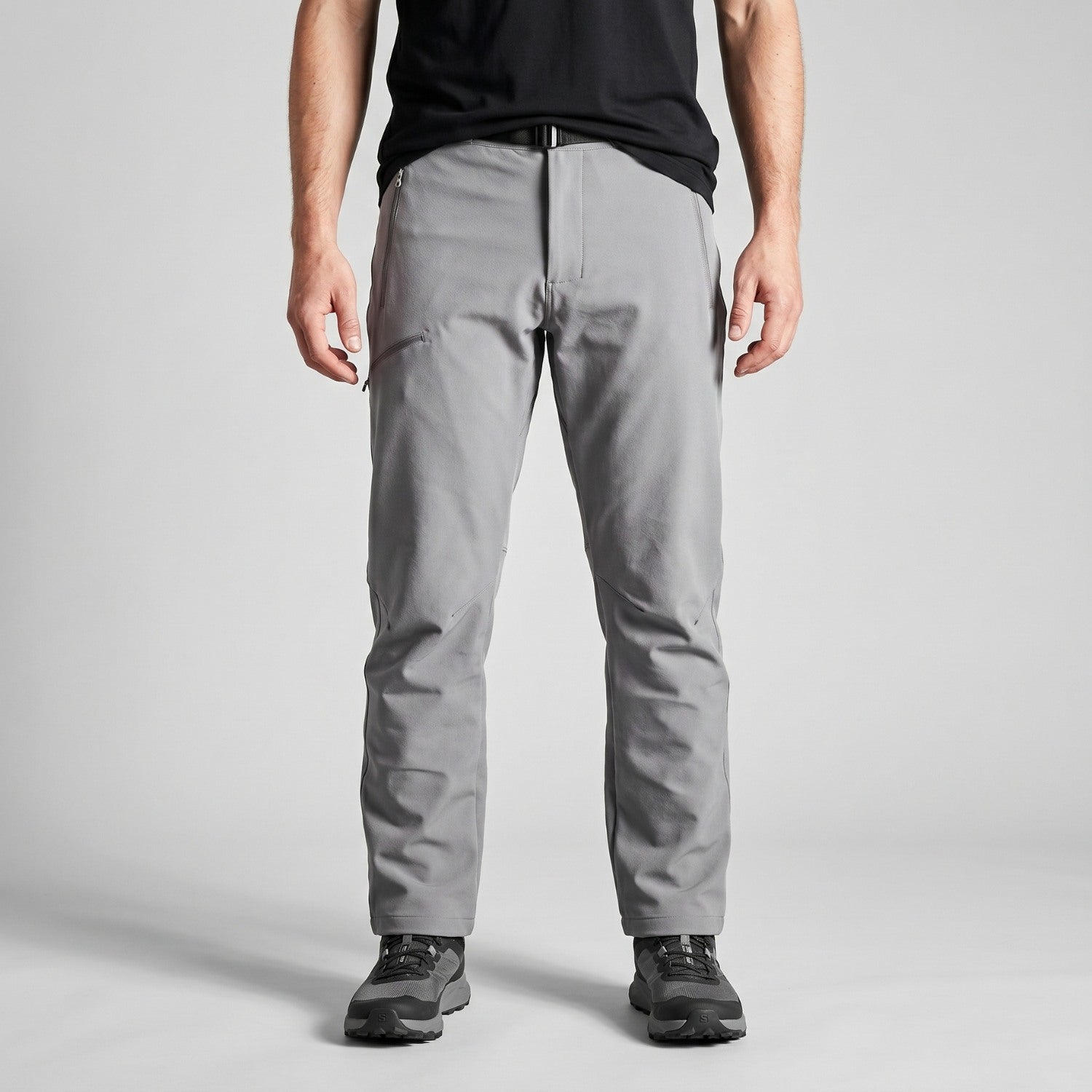 Men's grey walking trousers worn, front detail