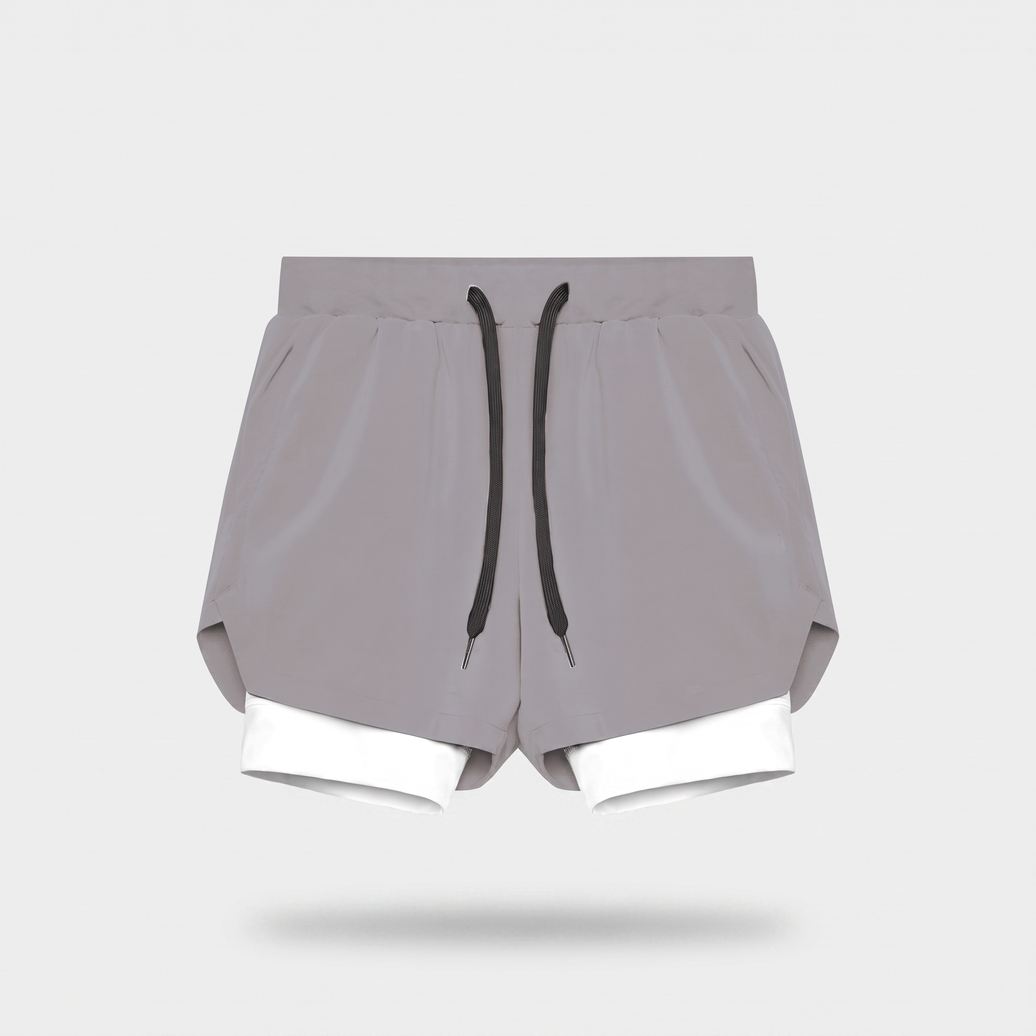Men's 2 in 1 running shorts in Light Grey with a white compression liner, front view