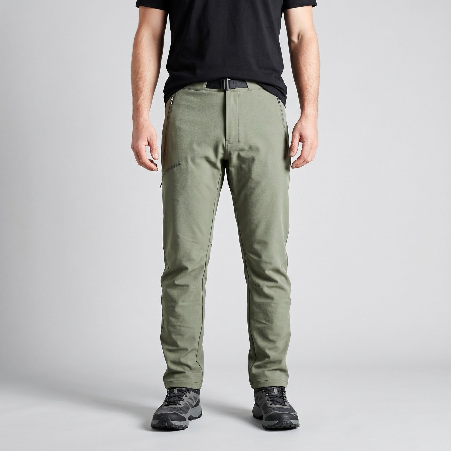 Men's sage green walking trousers worn, front view
