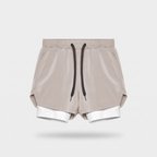 Men's 2 in 1 running shorts in Khaki with a white compression liner, front view