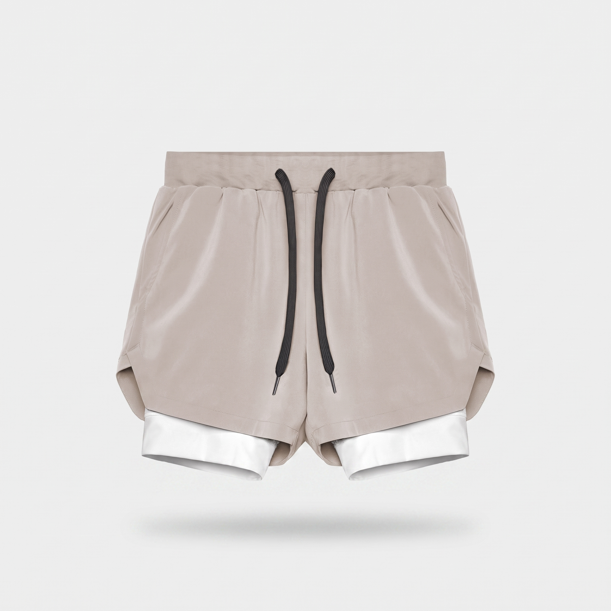 Men's 2 in 1 running shorts in Khaki with a white compression liner, front view