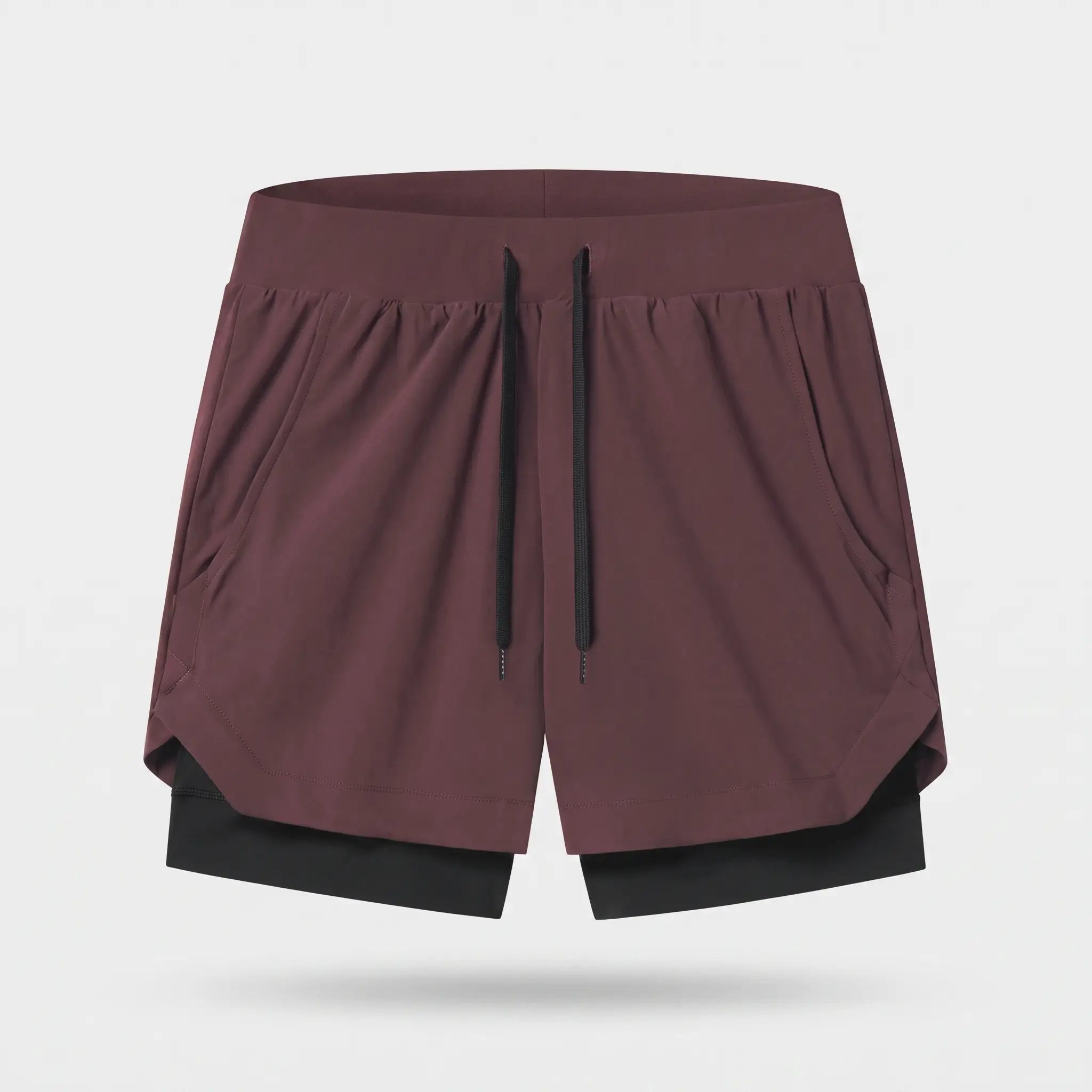 Men's 2 in 1 running shorts in Burgundy with a black compression liner, front view