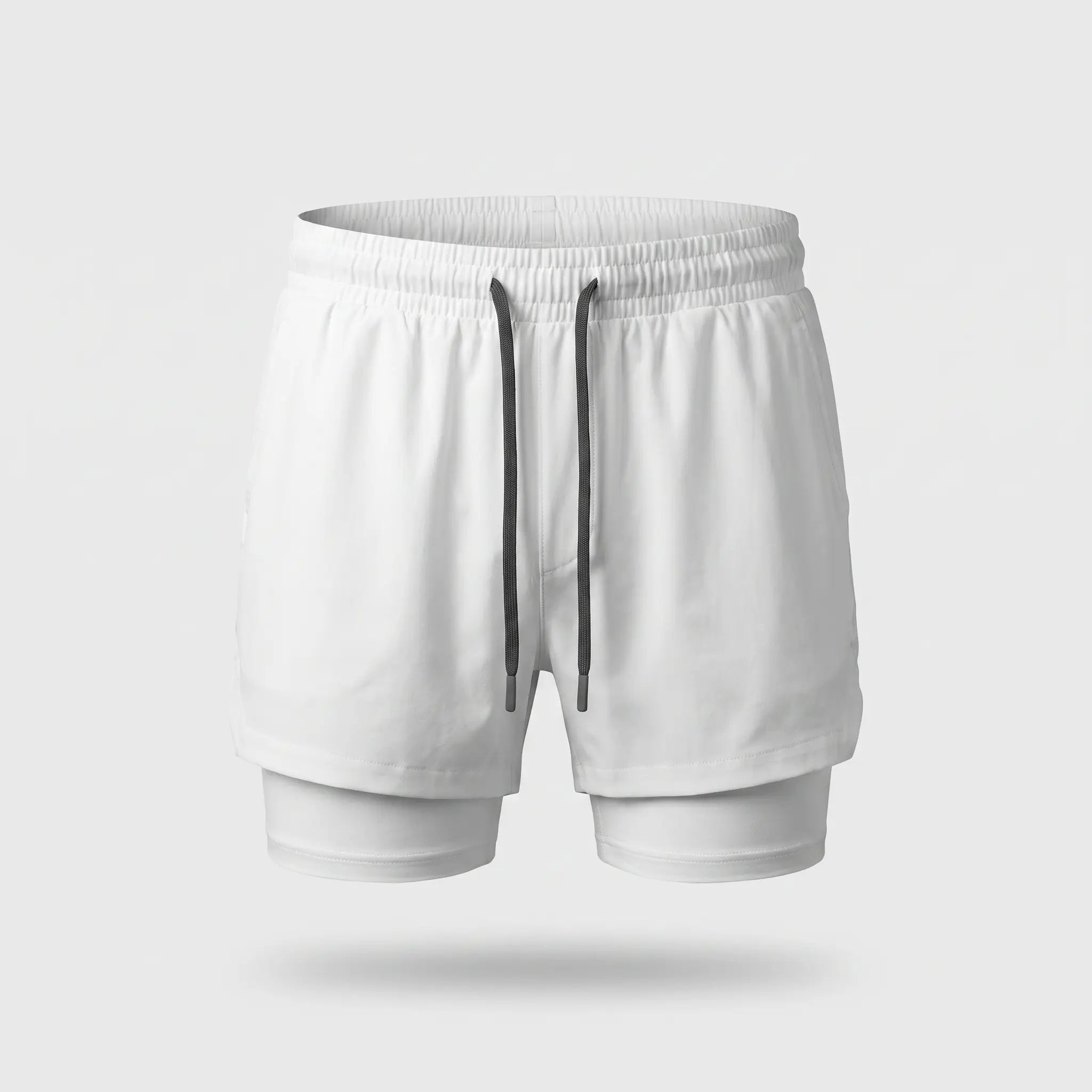 Men's 2 in 1 running shorts in White with a white compression liner, front view