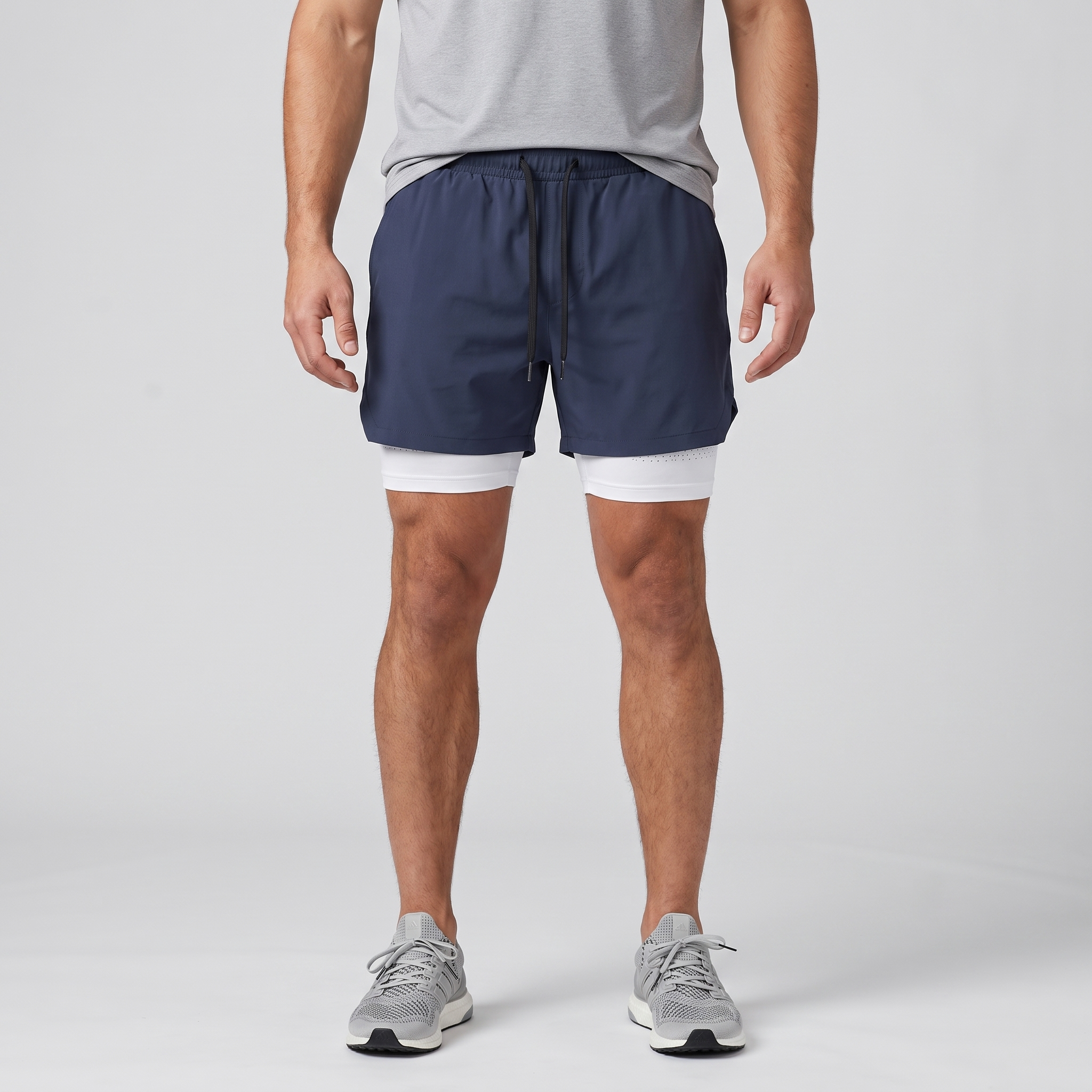 Man wearing the Navy 2 in 1 running shorts, front view