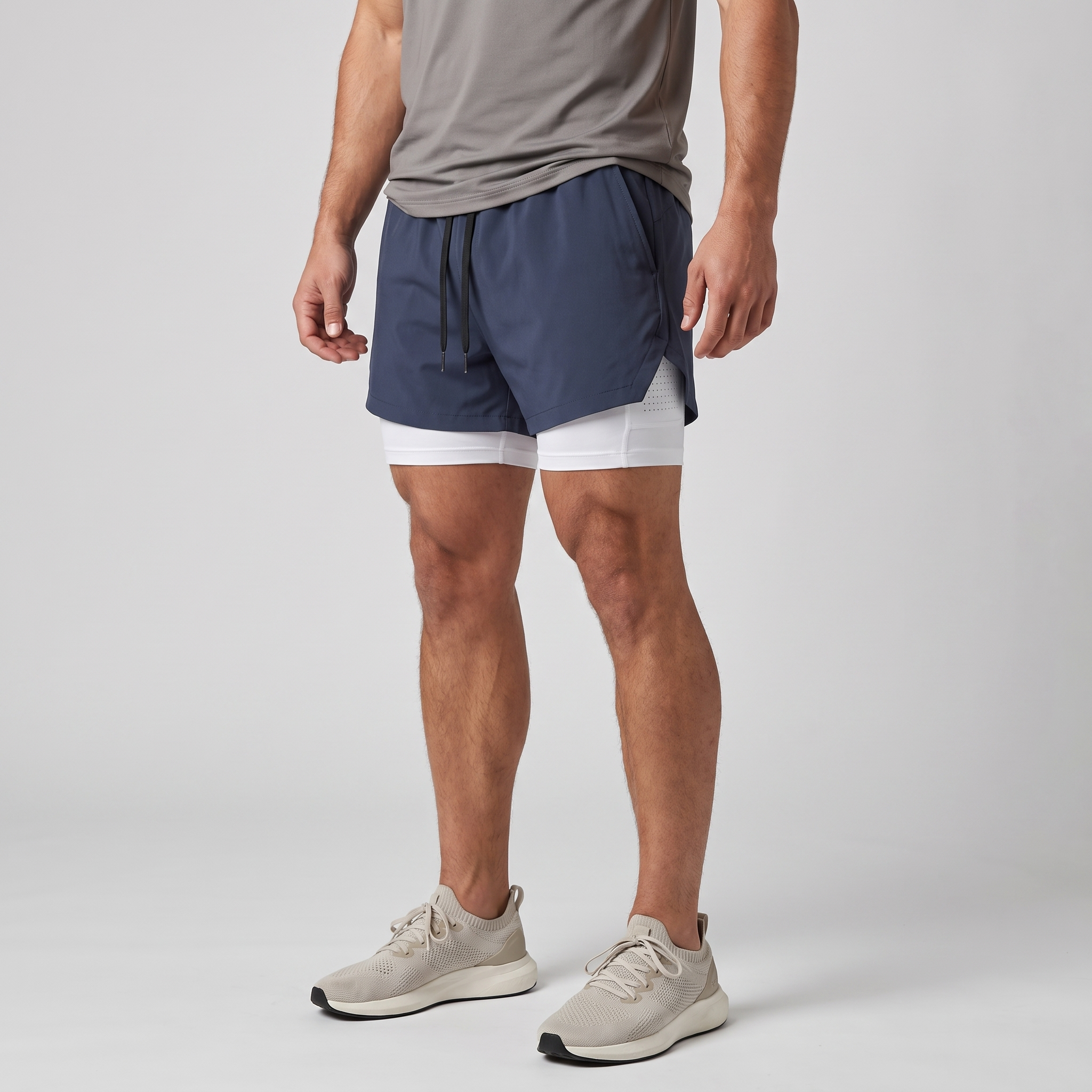 Three-quarter side view of the Navy 2 in 1 running shorts