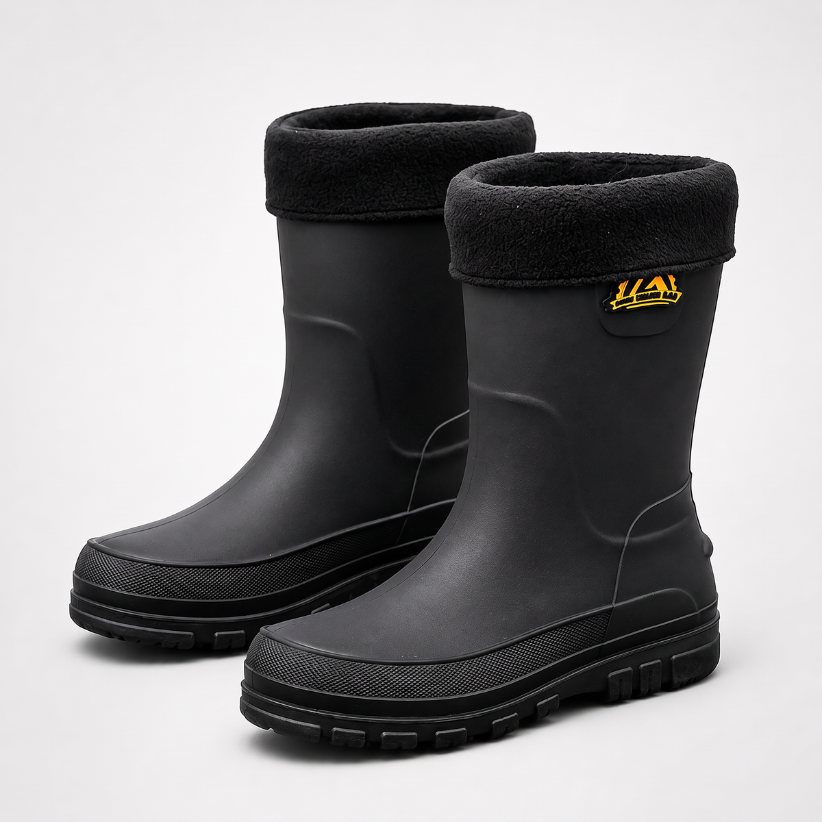 Men's fleece lined wellies in Black, a pair on a light grey background
