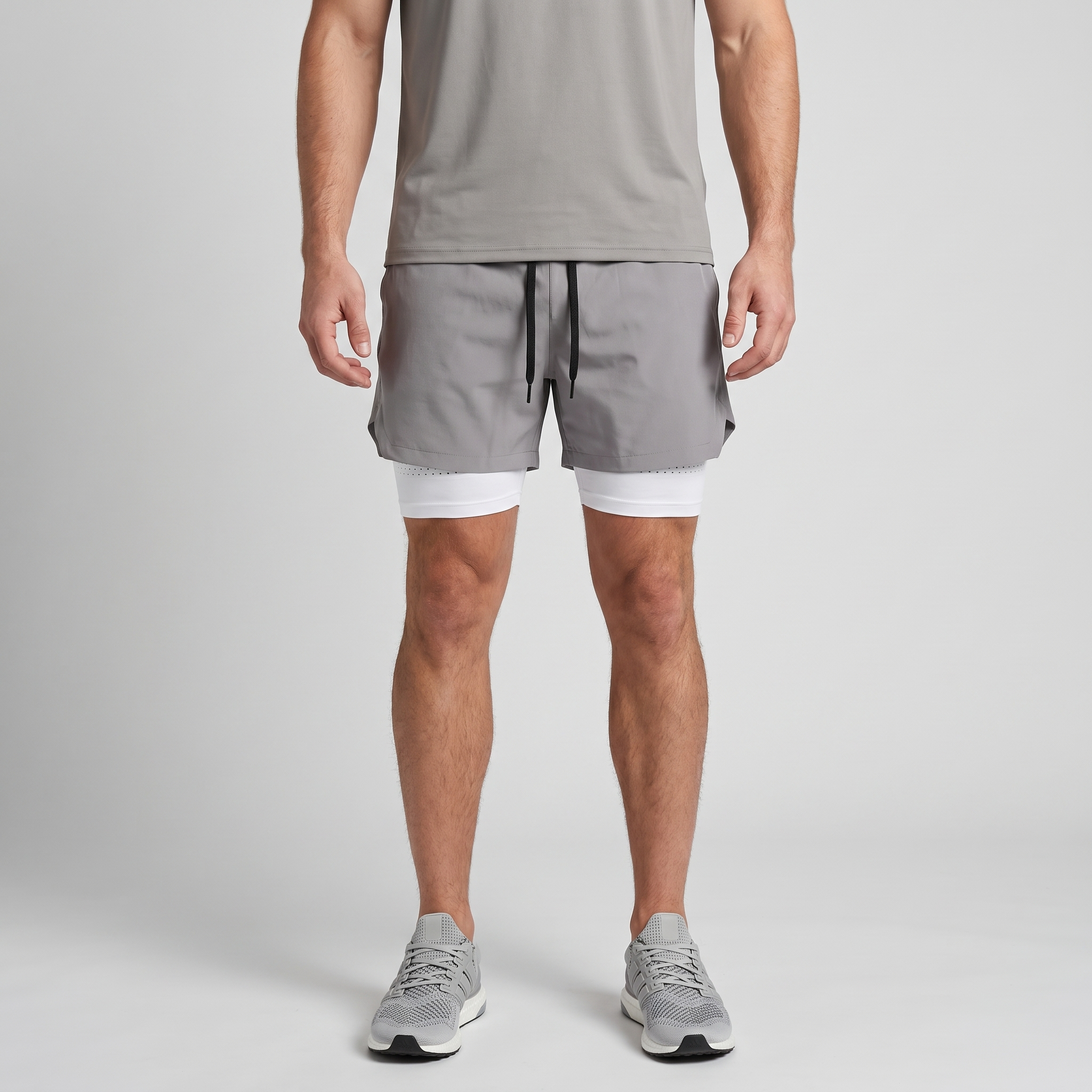 Man wearing the Light Grey 2 in 1 running shorts, front view