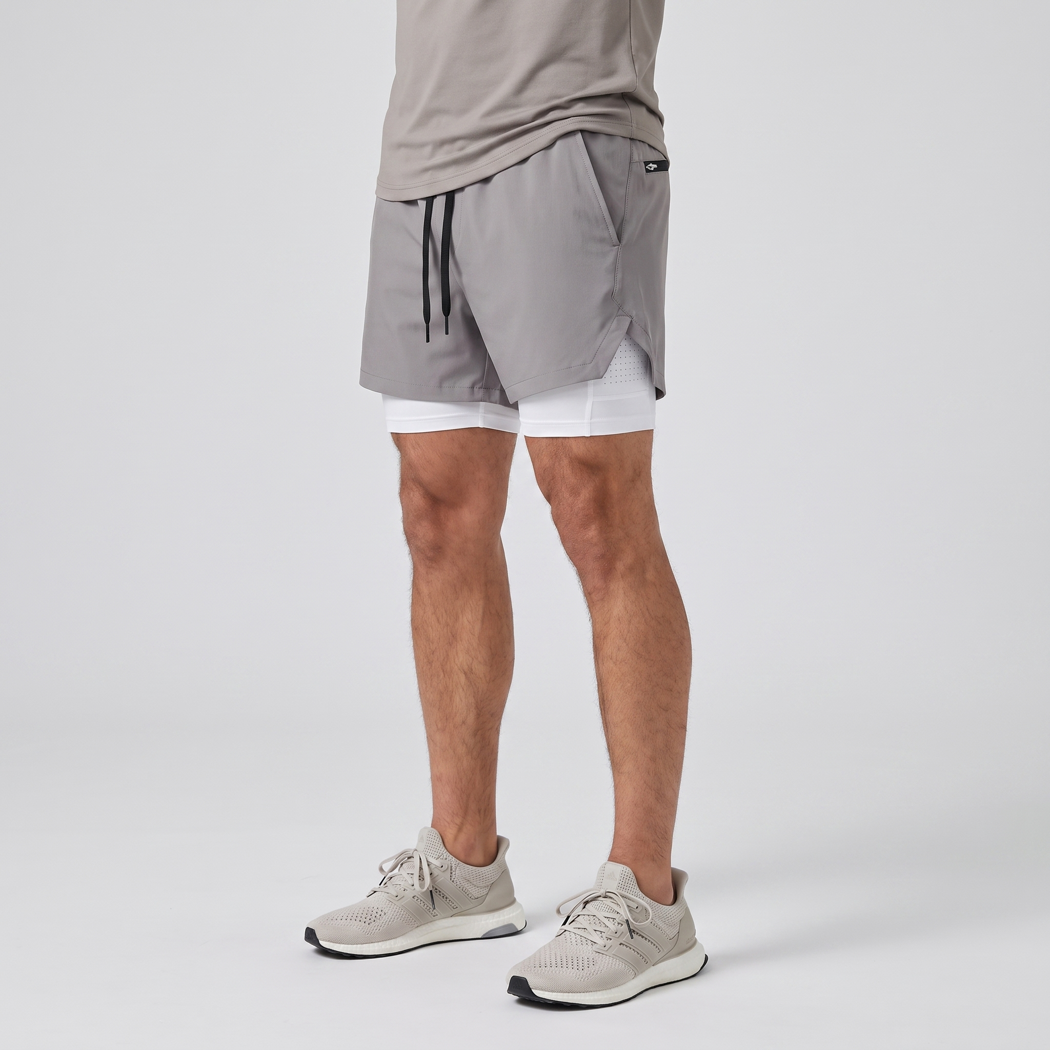 Three-quarter side view of the Light Grey 2 in 1 running shorts