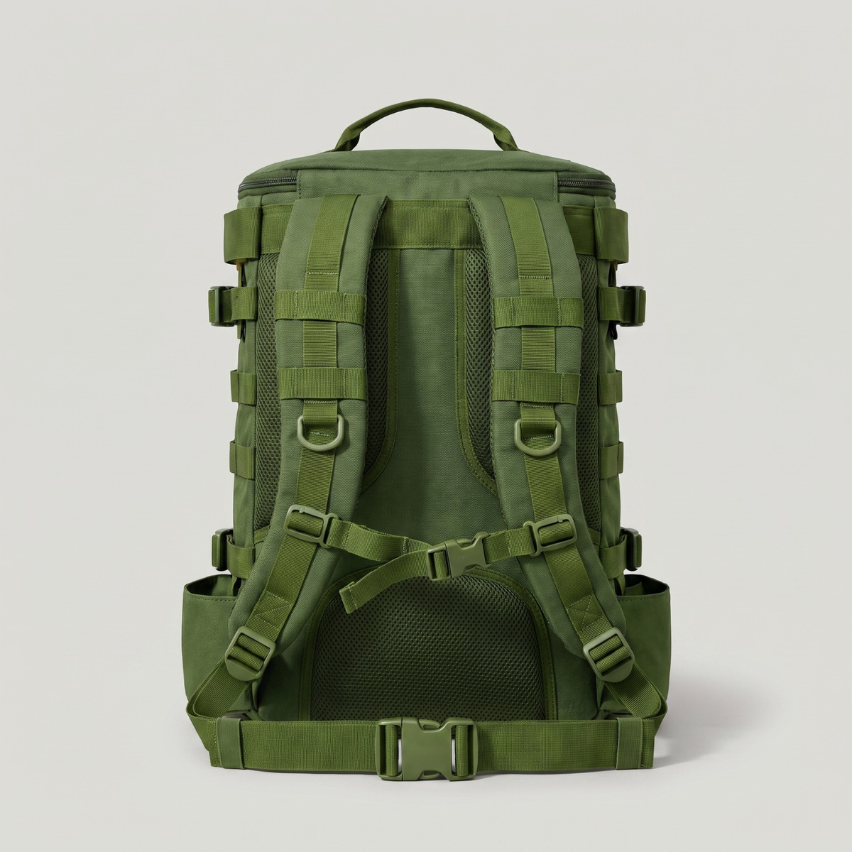 Back of the fishing backpack showing padded shoulder straps, chest strap and waist belt