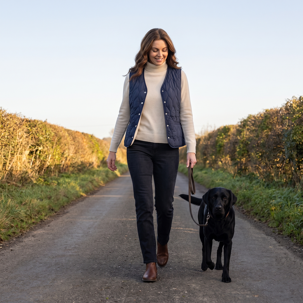 Woman walking a black labrador along an English country lane wearing the Navy quilted gilet