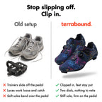 Trainers on a flat pedal compared with clip-in cycling shoes with two dials