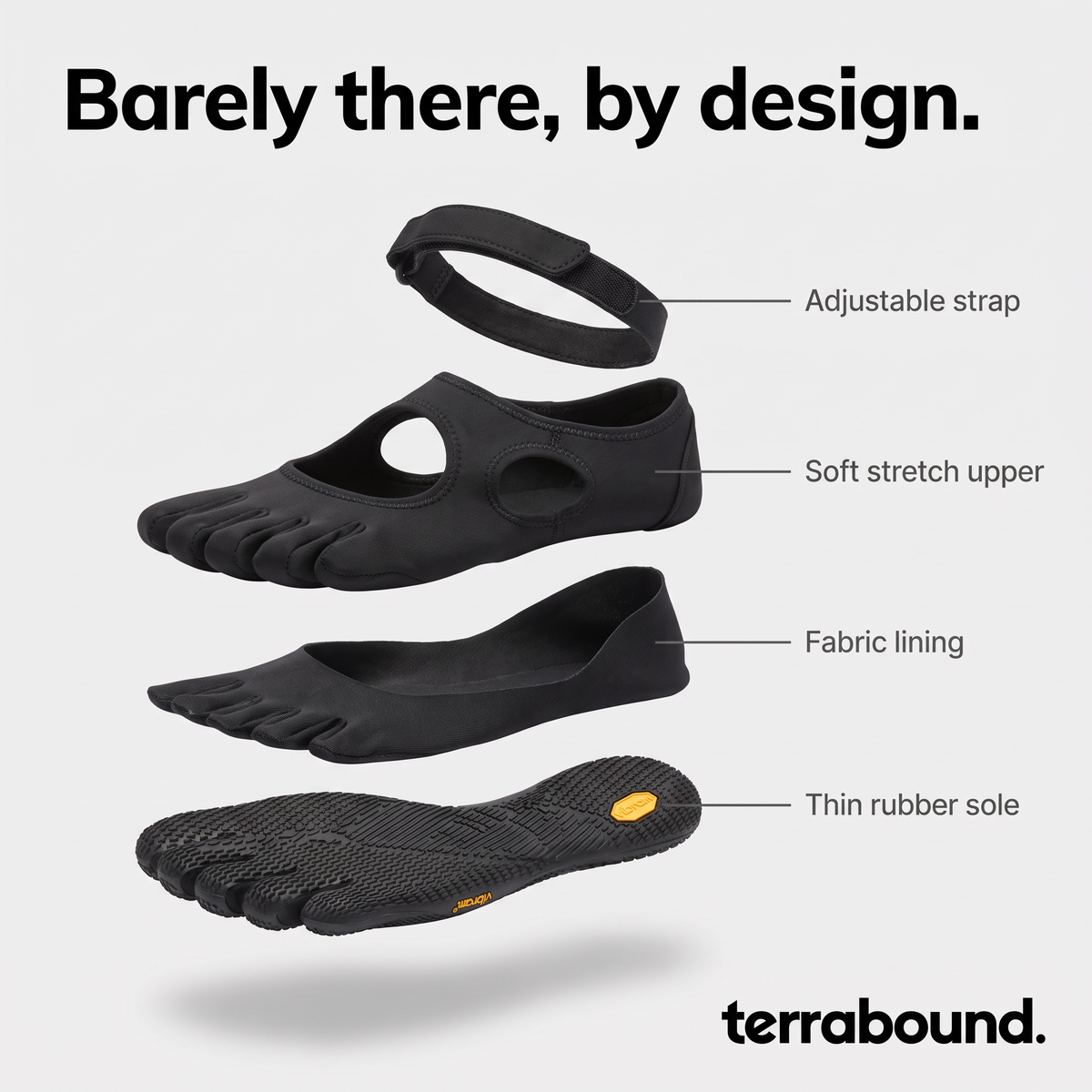 Exploded view of the five toe shoe: adjustable strap, soft stretch upper, fabric lining and thin rubber sole