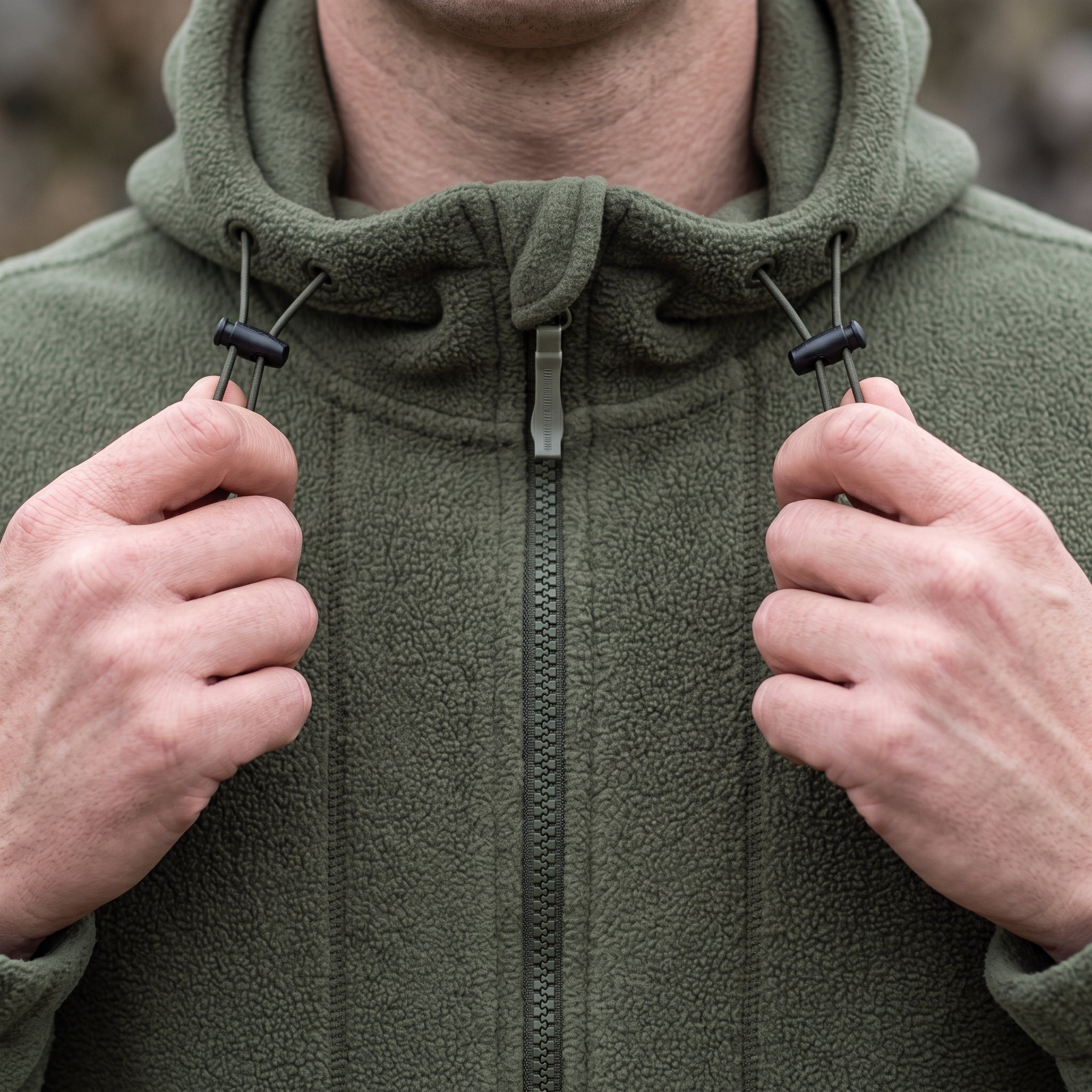 Hands drawing the hood cord closed on the fleece jacket